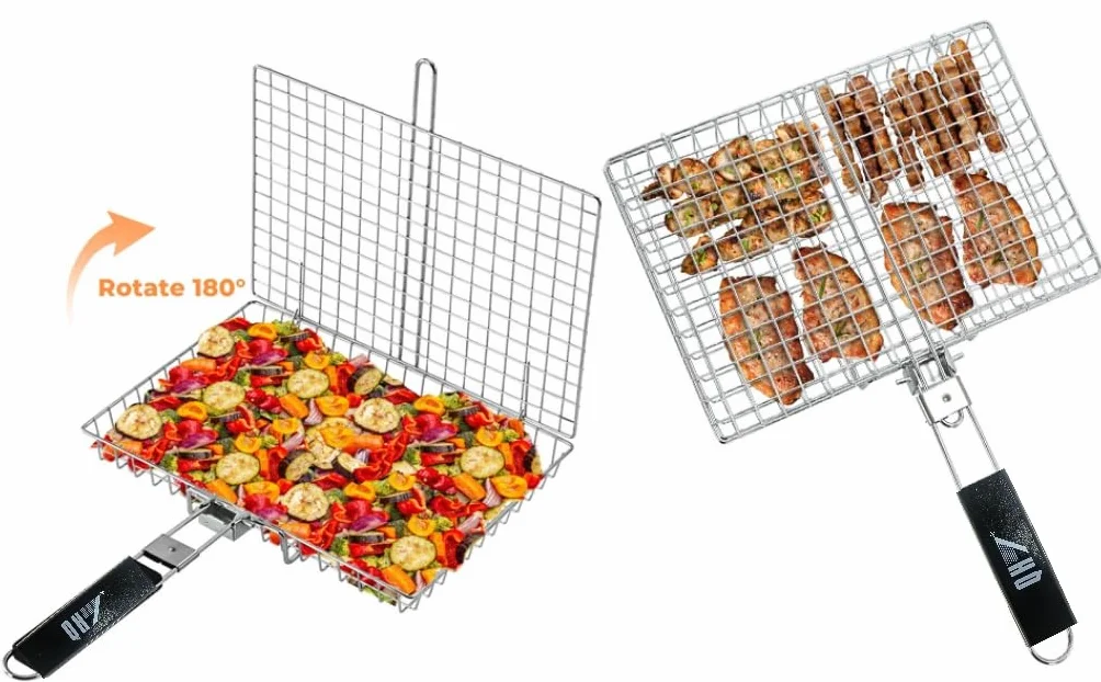 Kosz do gotowania ze stali nierdzewnej do grillowania, przenośny składany grill z wyjmowanym uchwytem, nieprzywierająca siatka do ryb, warzyw, krewetek