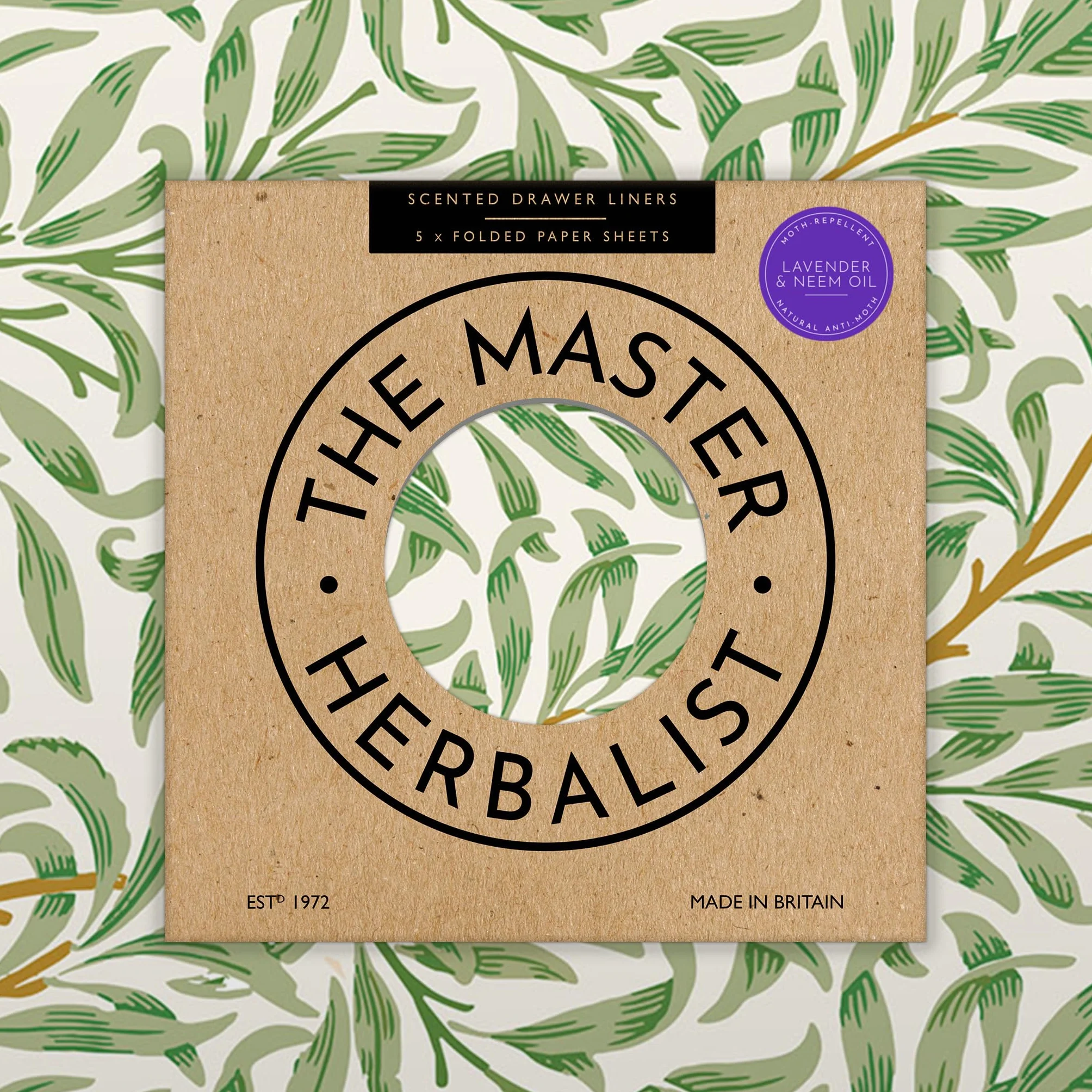 The Master Herbalist Pachnące wkładki do szuflad o zapachu lawendy i olejku NEEM w stylu WILLIAM MORRIS (składane) | Naturalny środek odstraszający ćmy | Opakowanie 5 arkuszy | Zawiera olejki