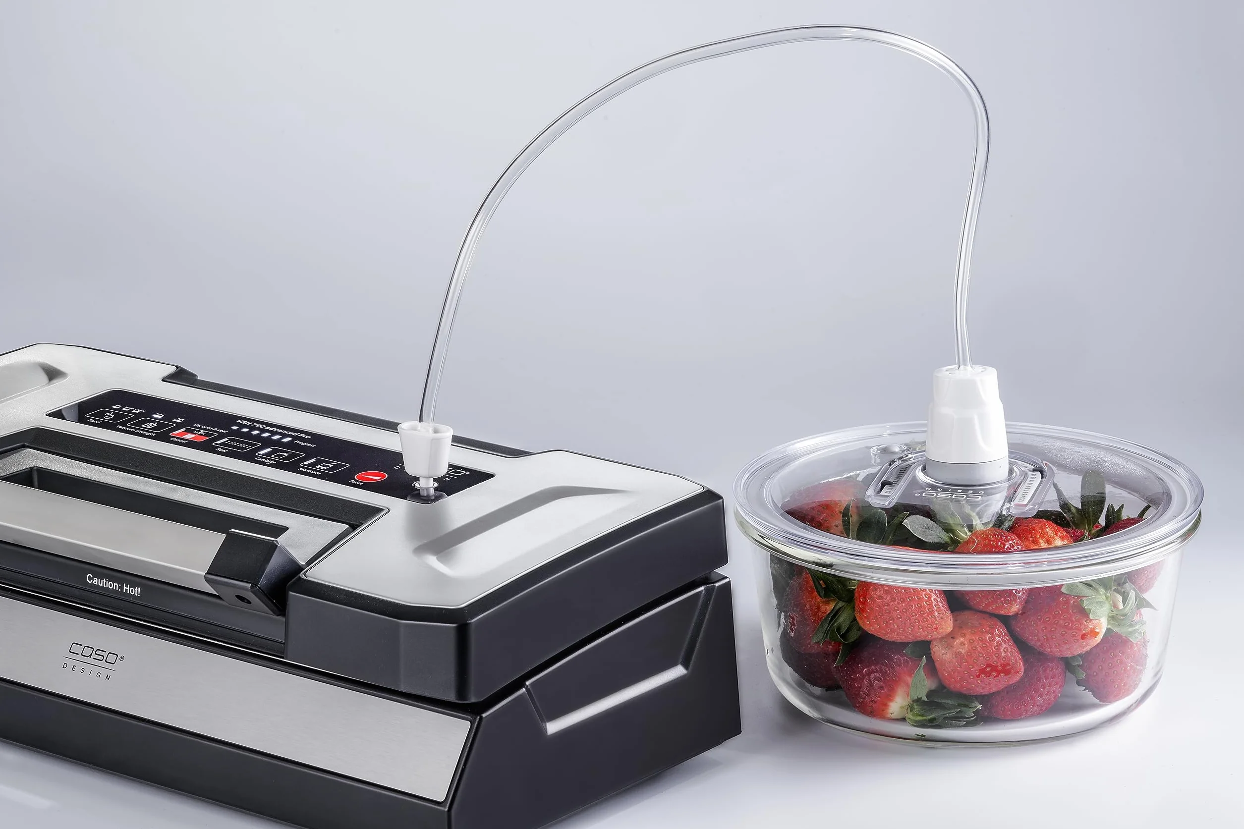 CASO VRH 790 advanced Pro – bardzo dobry wynik testu, do 200 procesów pakowania próżniowego non-stop, z opatentowaną funkcją CASOTEK Liquid z podwójnym szwem spawalniczym, w zestawie worki próżniowe