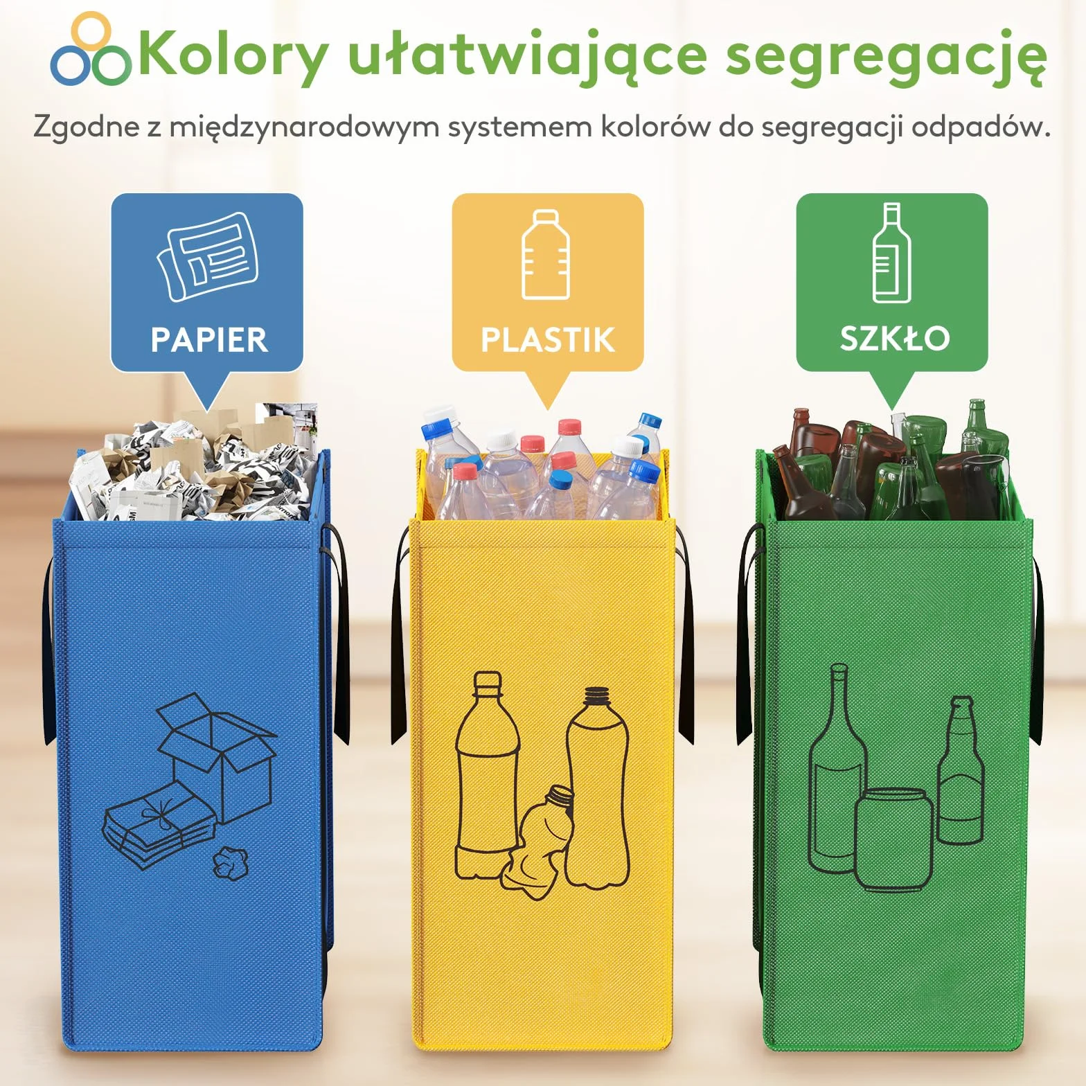 Lifewit System segregacji odpadów do kuchni, kosze na śmieci 3-częściowe na papier, szkło i plastik, pojemniki na recykling, pojemnik na zużyty papier i pojemnik na butelki z depozytem, 3 X 75L, Łatwe