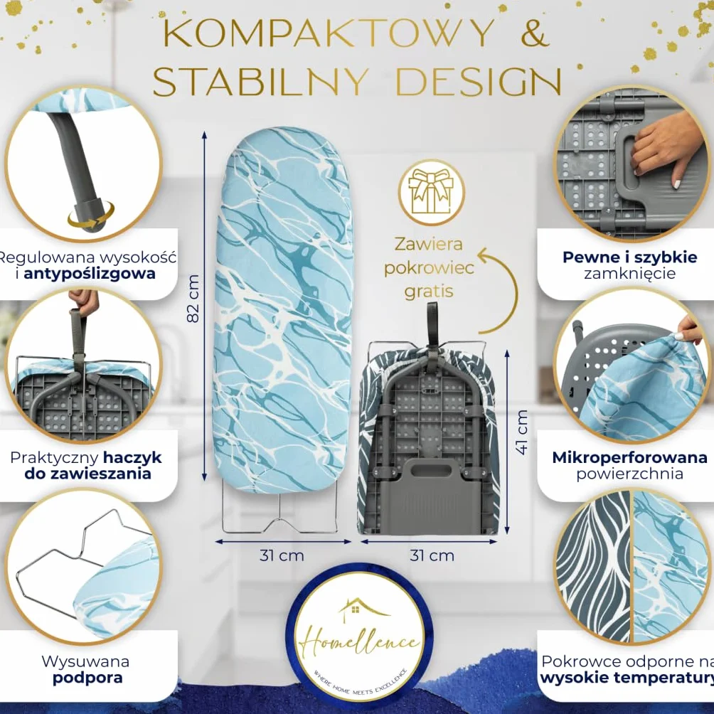 Homellence Kompaktowa Deska do Prasowania Stołowa z Mechanizmem Opatentowanym - Mała Składana Deska Mini Przenośna - Idealna do Mieszkania, Podróży, Wakacji - 2 Pokrowce Premium (Niebieska)