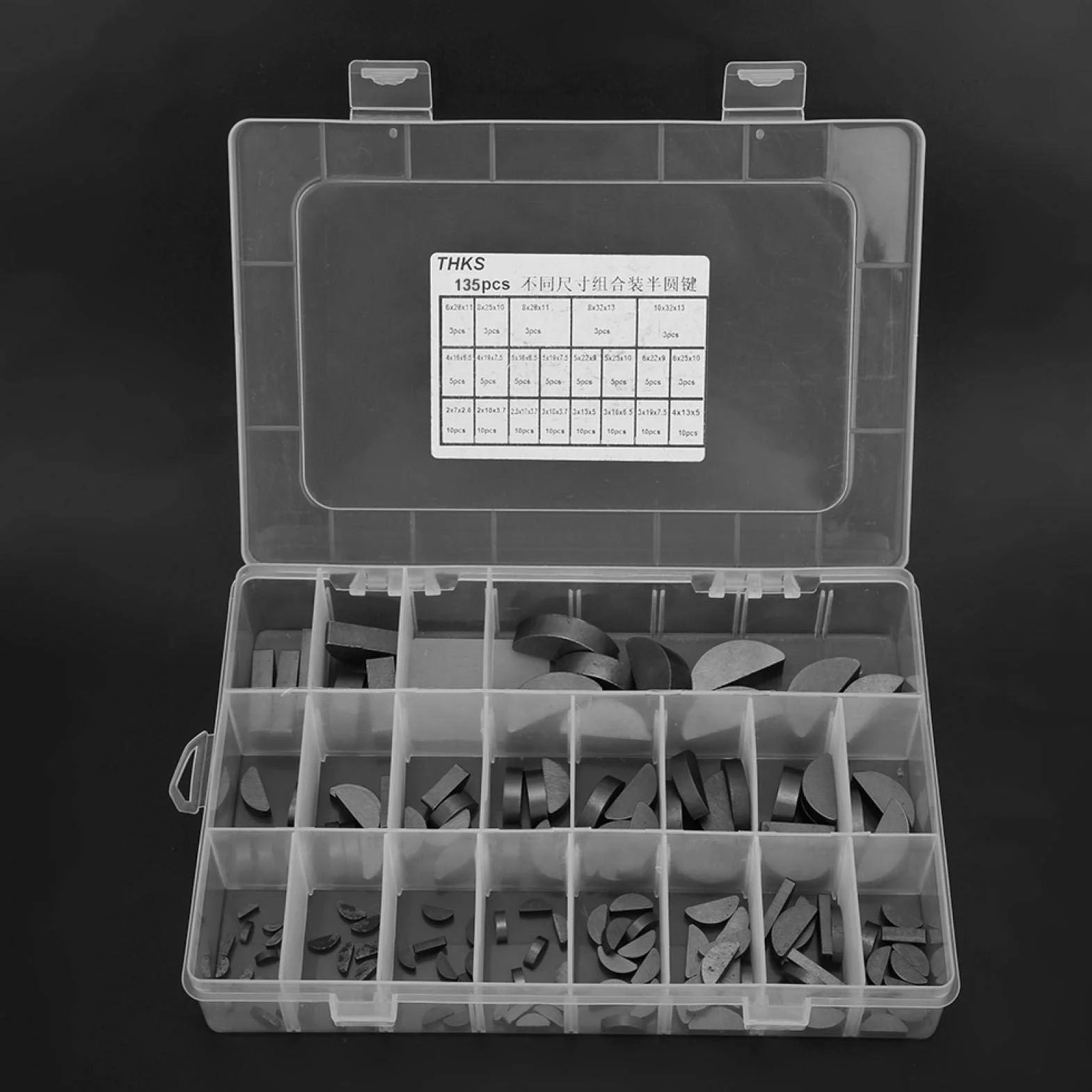 Woodruff Key Assortment Kit 135 sztuk metalowych kluczy do drewna półksiężycowego koło zamachowe koło zamachowe koło pasowe droga korbowa, zestaw sprzętowy do uniwersalnego zastosowania, dobra trwałość