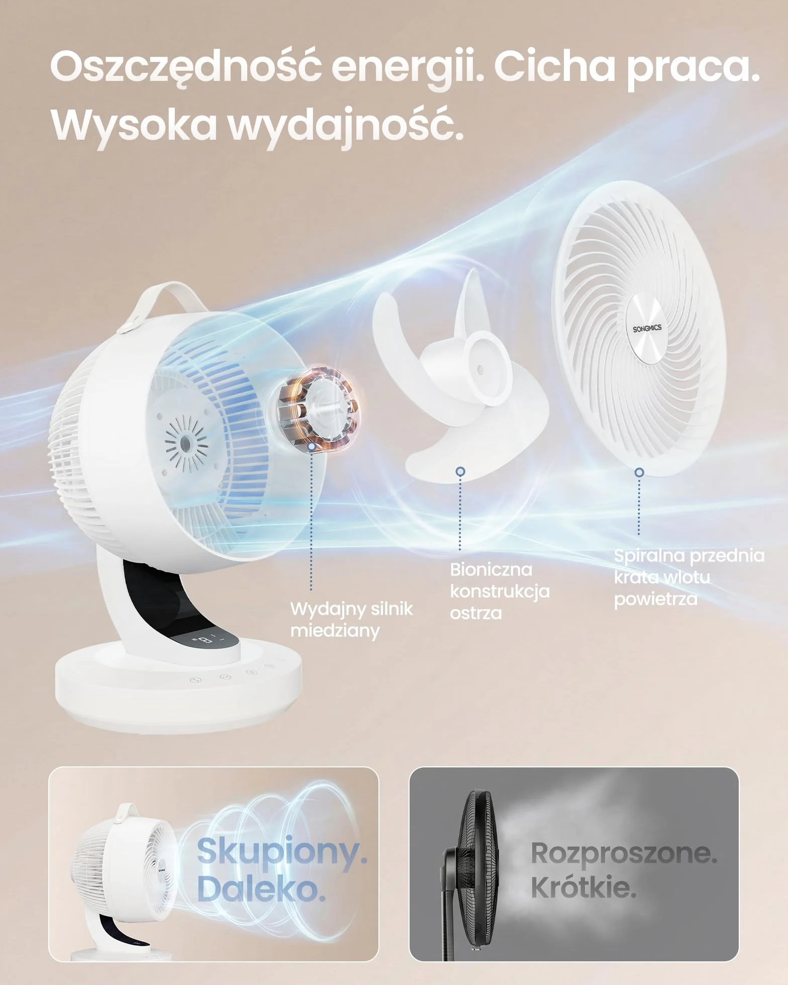 SONGMICS Cichy wentylator biurkowy 20 DB, pilot, cyrkulator powietrza, oscylacja 70°, 8 prędkości, timer 12 h, biały