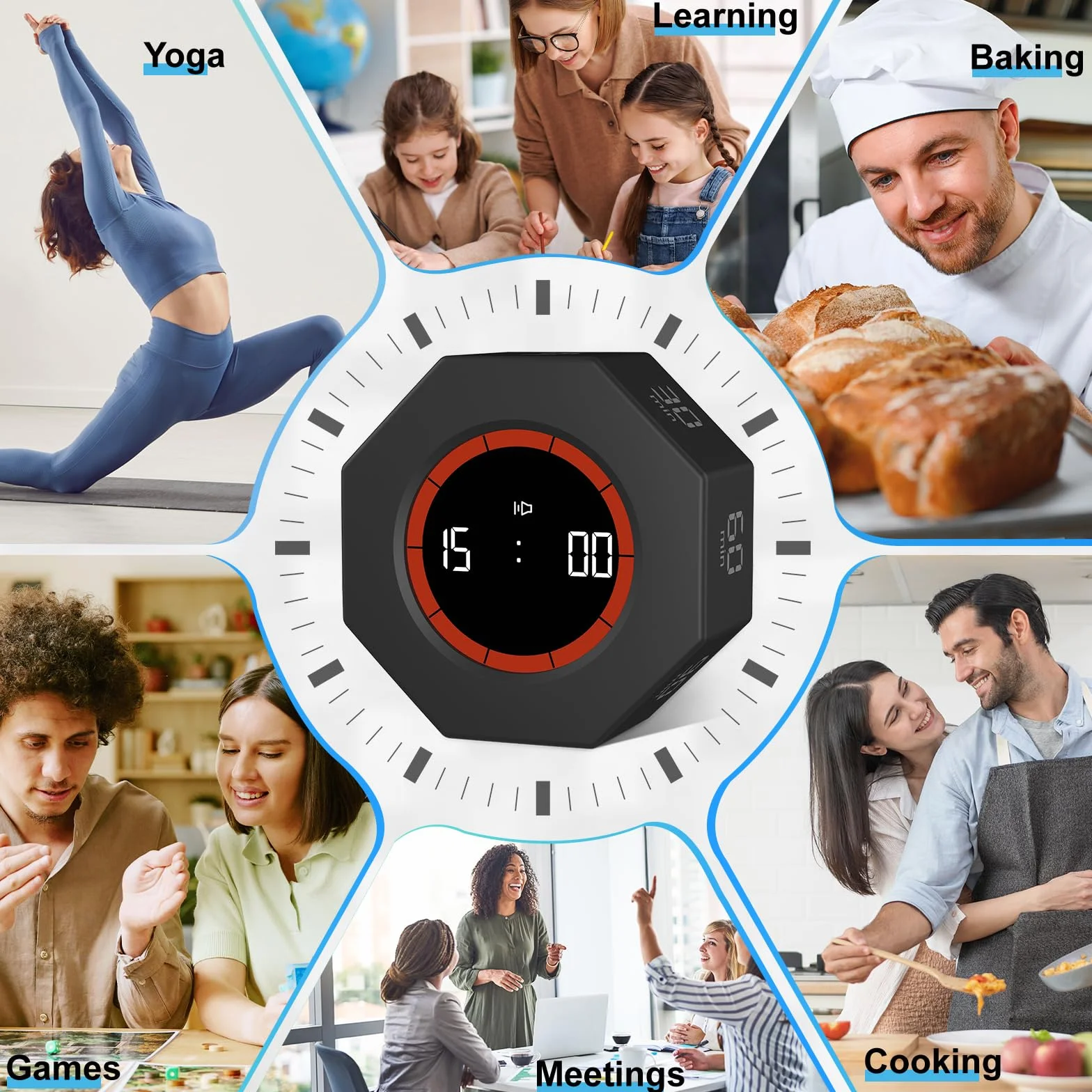 Timer kostkowy ośmiokątny Pomodoro 1-90 minut odliczanie LCD regulowany alarm czarny