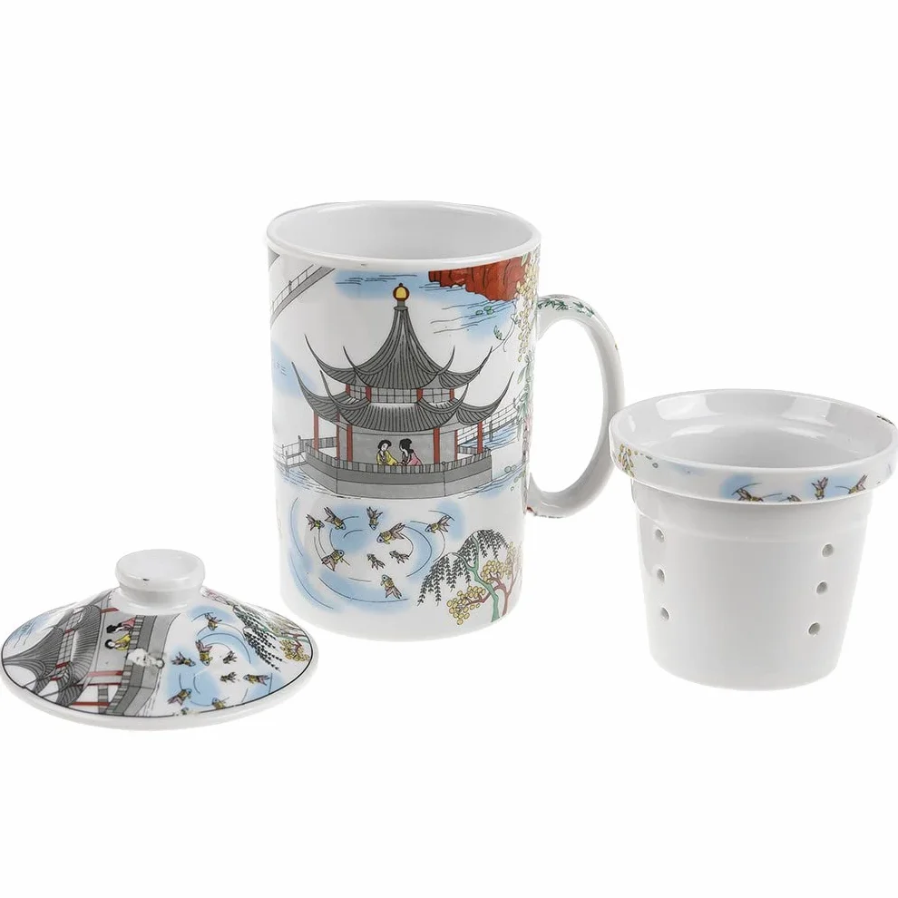 Chińska filiżanka Contemplation des See porcelanowa do herbaty z sitkiem i pokrywką tradycyjne chińskie malarstwo
