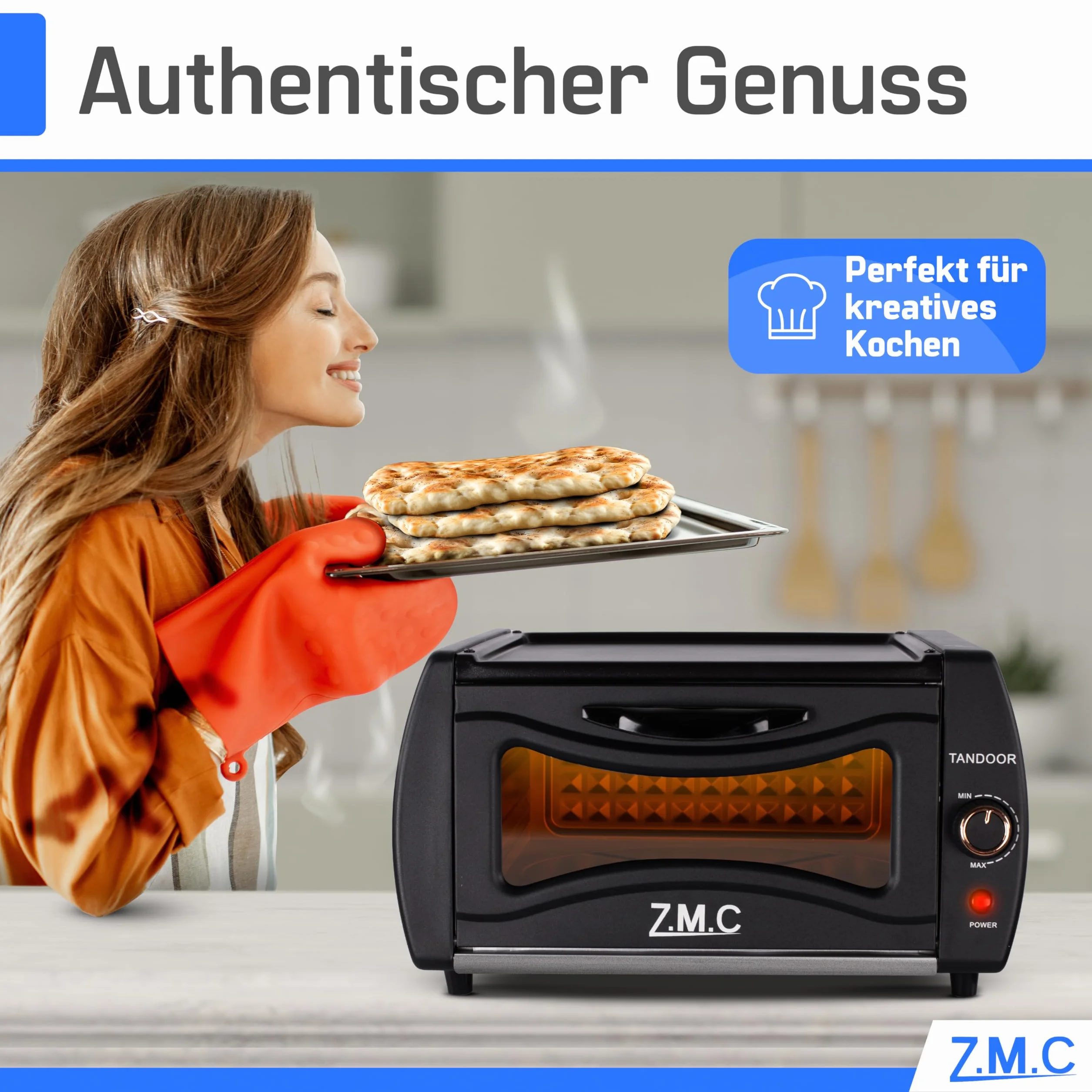 ZMC Mini Tandoor 2100 W 22 l – piekarnik do lahmacun, pizzy, naan i chleba, w zestawie blacha do pieczenia i ruszt do grillowania. Szybkie nagrzewanie, idealny