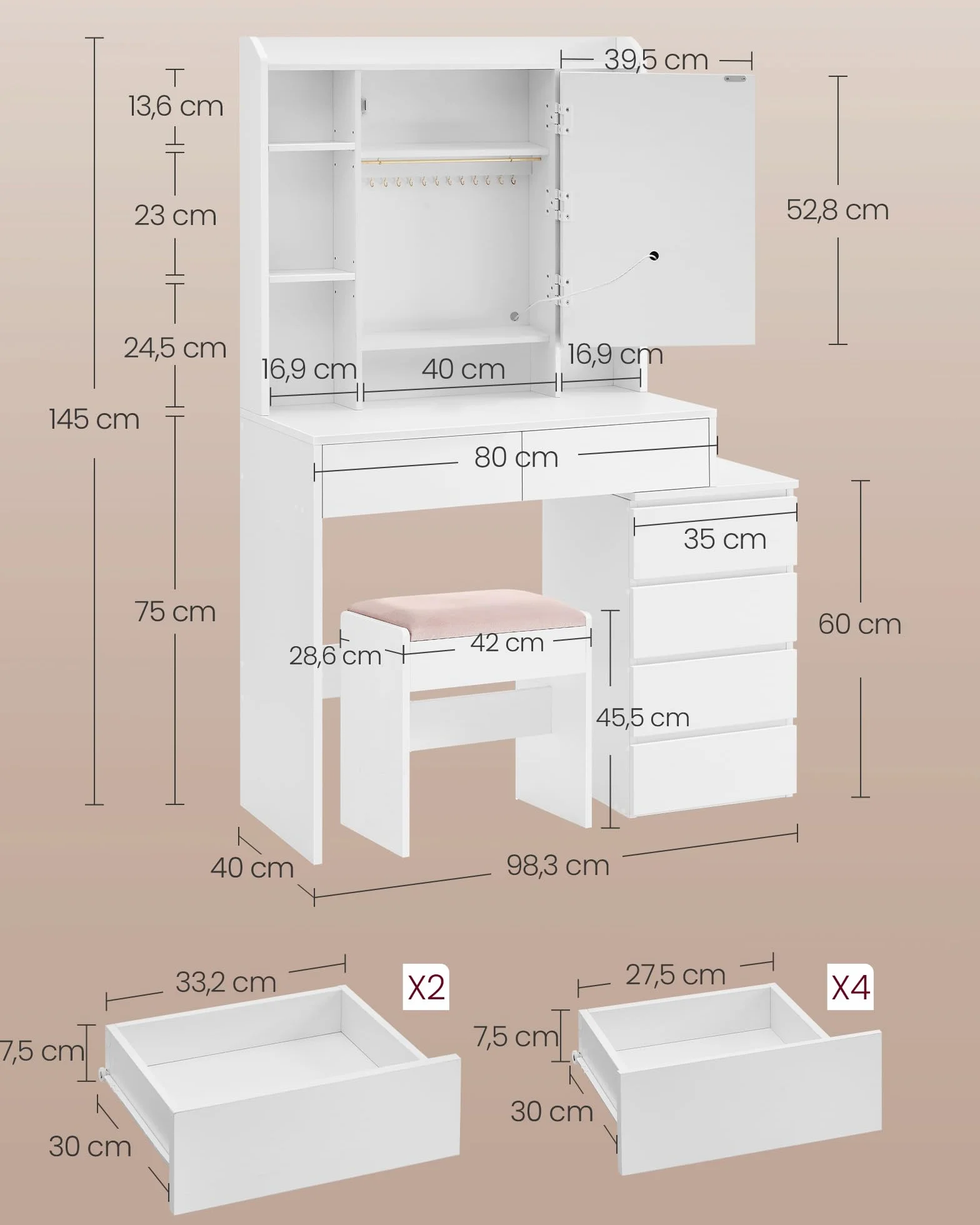 VASAGLE Kolekcja KAILYN – Toaletka z oświetleniem LED, 3 regulowane barwy światła, toaletka z lustrem, szuflady, otwarte przegródki, z taboretem, regulowane półki, kolor biały chmurowy RDT125WB01
