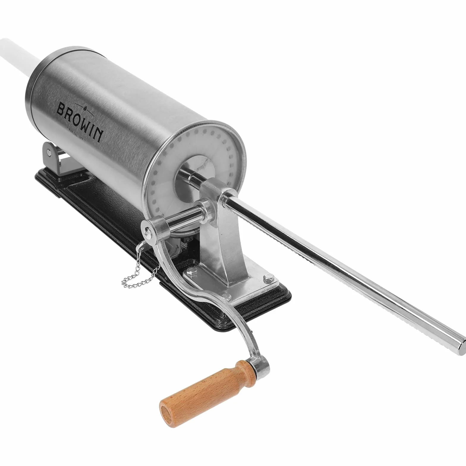 Browin 311003 Ręczna nadziewarka pozioma 3 kg, maszyna do robienia kiełbasy, podrobów + 4 lejki o średnicy 14, 18, 21 i 25 mm, stal nierdzewna