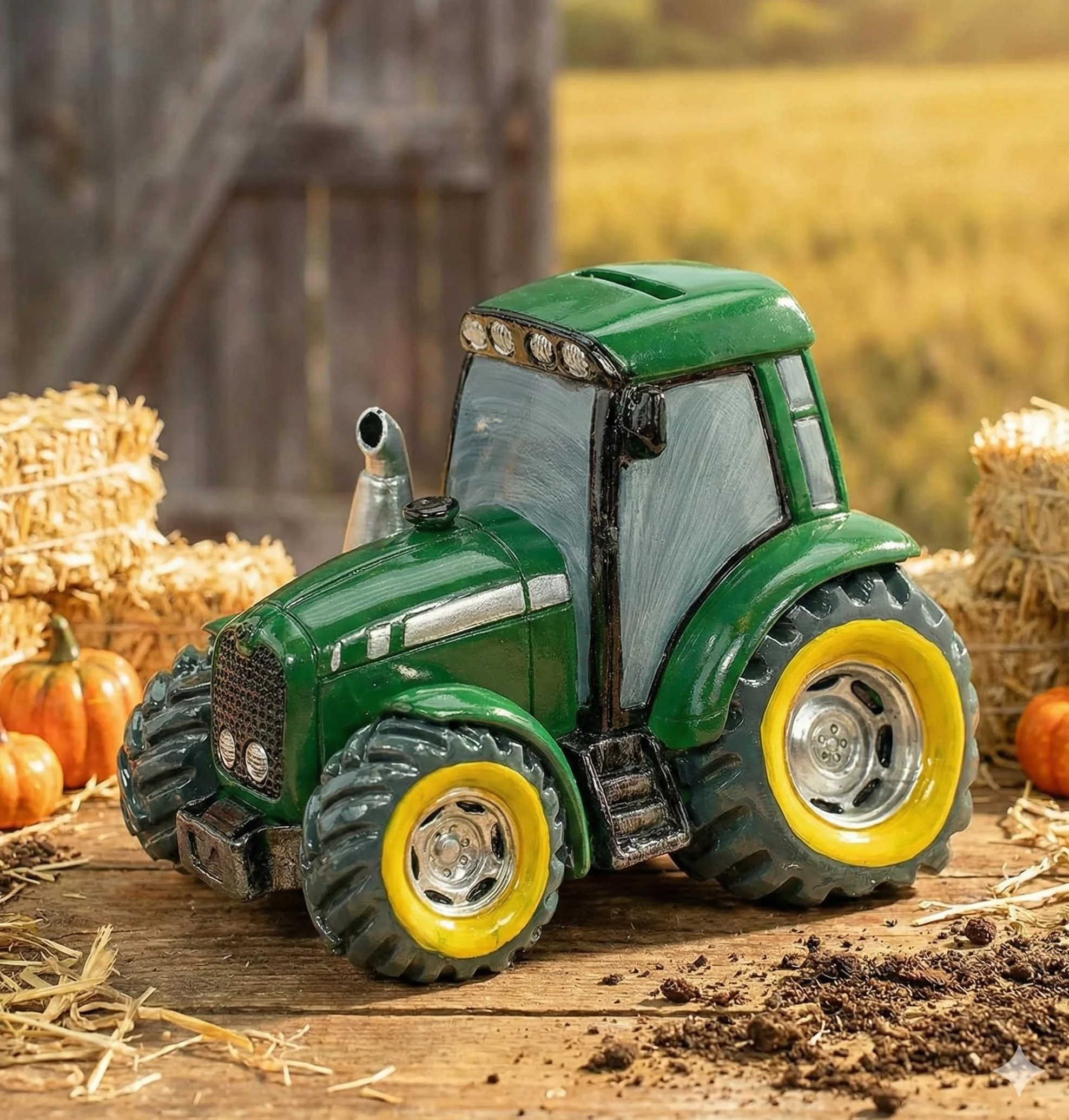 przepiękna skarbonka, skarbonka, traktor z kroplami w kolorze zielonym