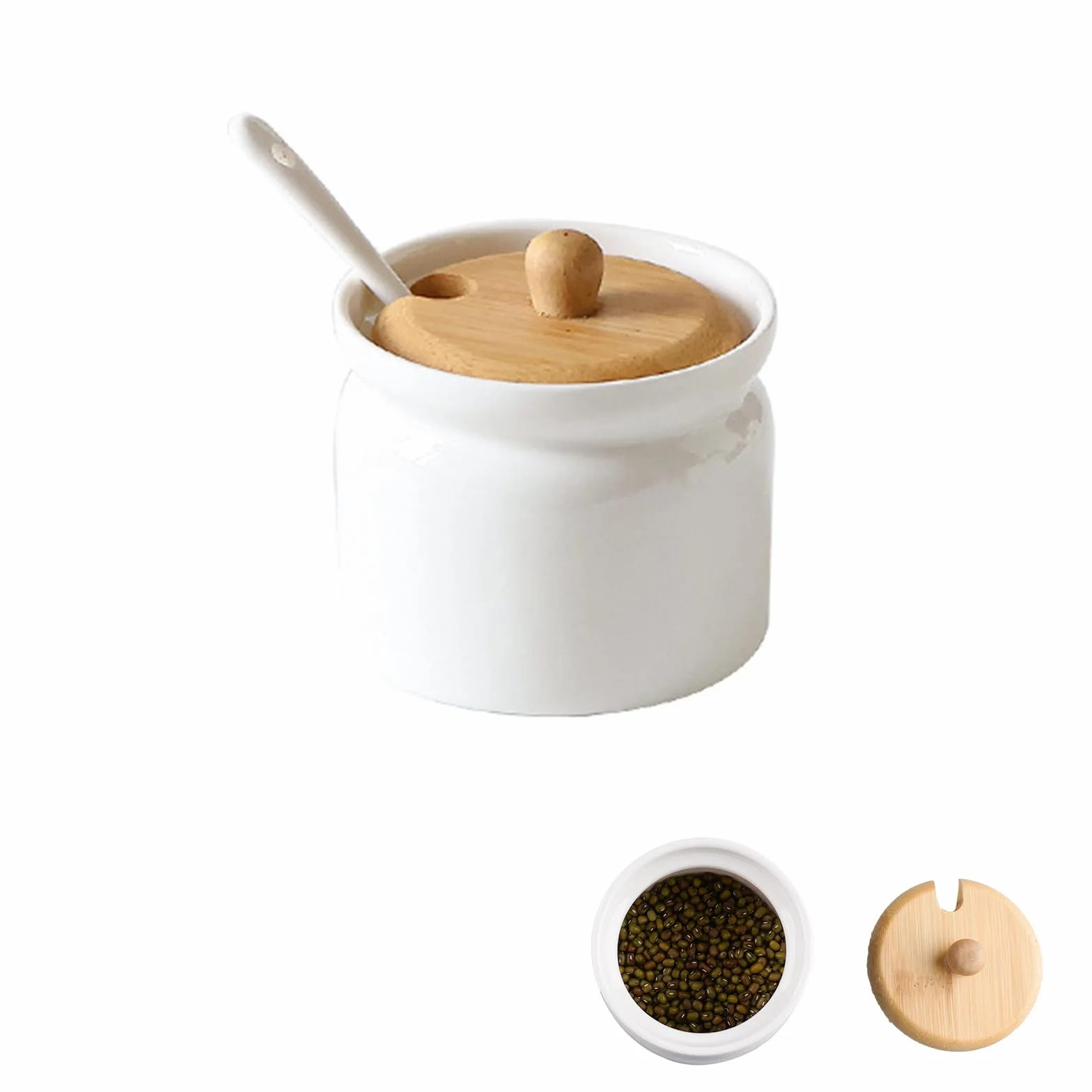 Ceramiczne słoiki na cukier z pokrywką, puszka na cukier biała, hermetyczna puszka na kawę, z małą łyżeczką ceramiczną do kawy, cukru, herbaty, przypraw itd. (180 ml 6,8 x 8 cm)