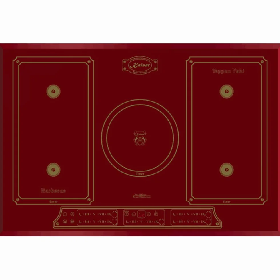 Zestaw kuchenki retro indukcyjnej niezależnej Kaiser Empire czerwony/piekarnik do zabudowy Kaiser Eh 6355 RotEm + płyta indukcyjna Kaiser KCT 7797 RotEm 77 cm/rożen obrotowy, samoczyszczenie