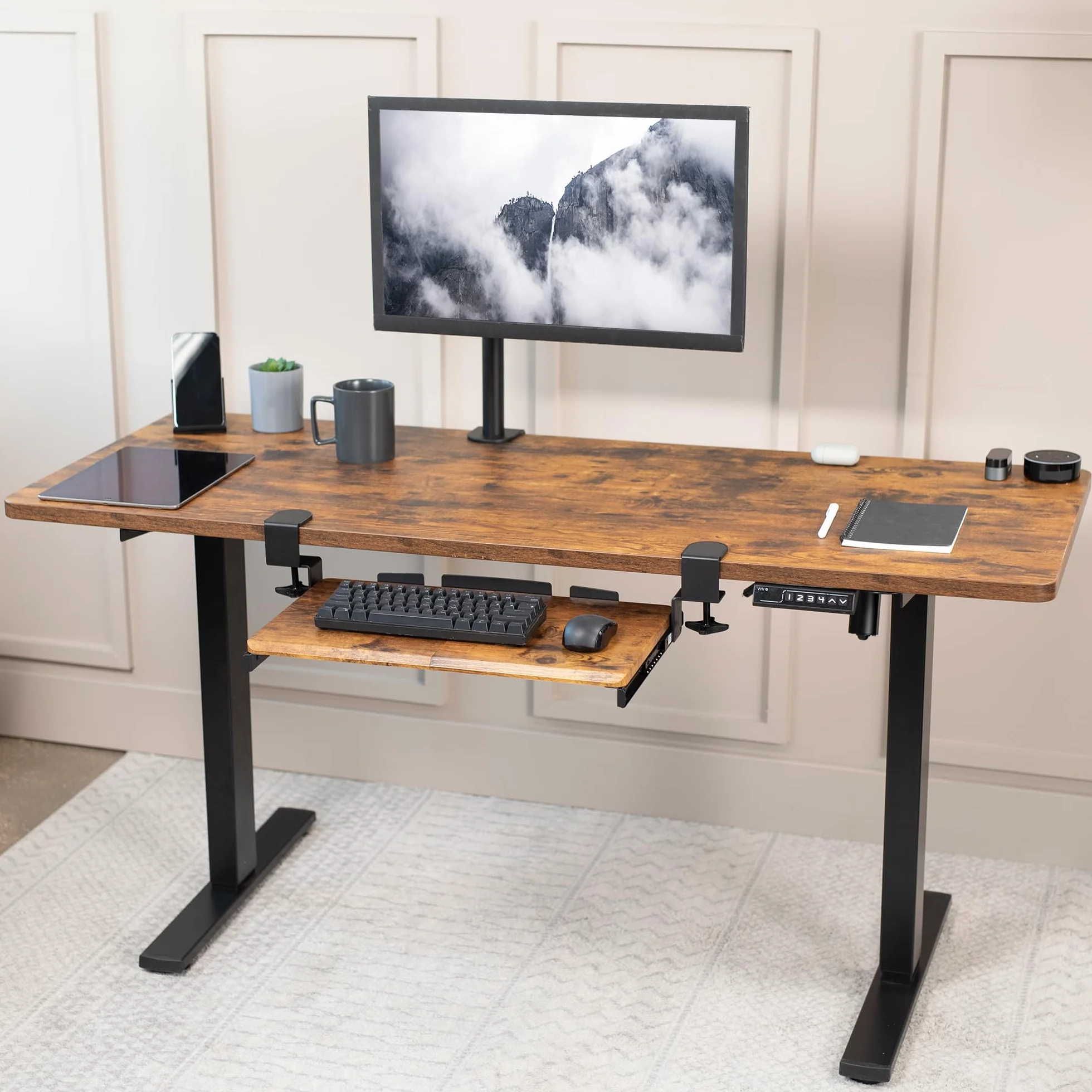 VIVO Mała taca na klawiaturę, wysuwana pod biurko z bardzo stabilnym systemem mocowania zaciskowego C, 20 (26 z zaciskami) x wysuwana szuflada na platformę 28 cm, rustykalny brązowy blat vintage,