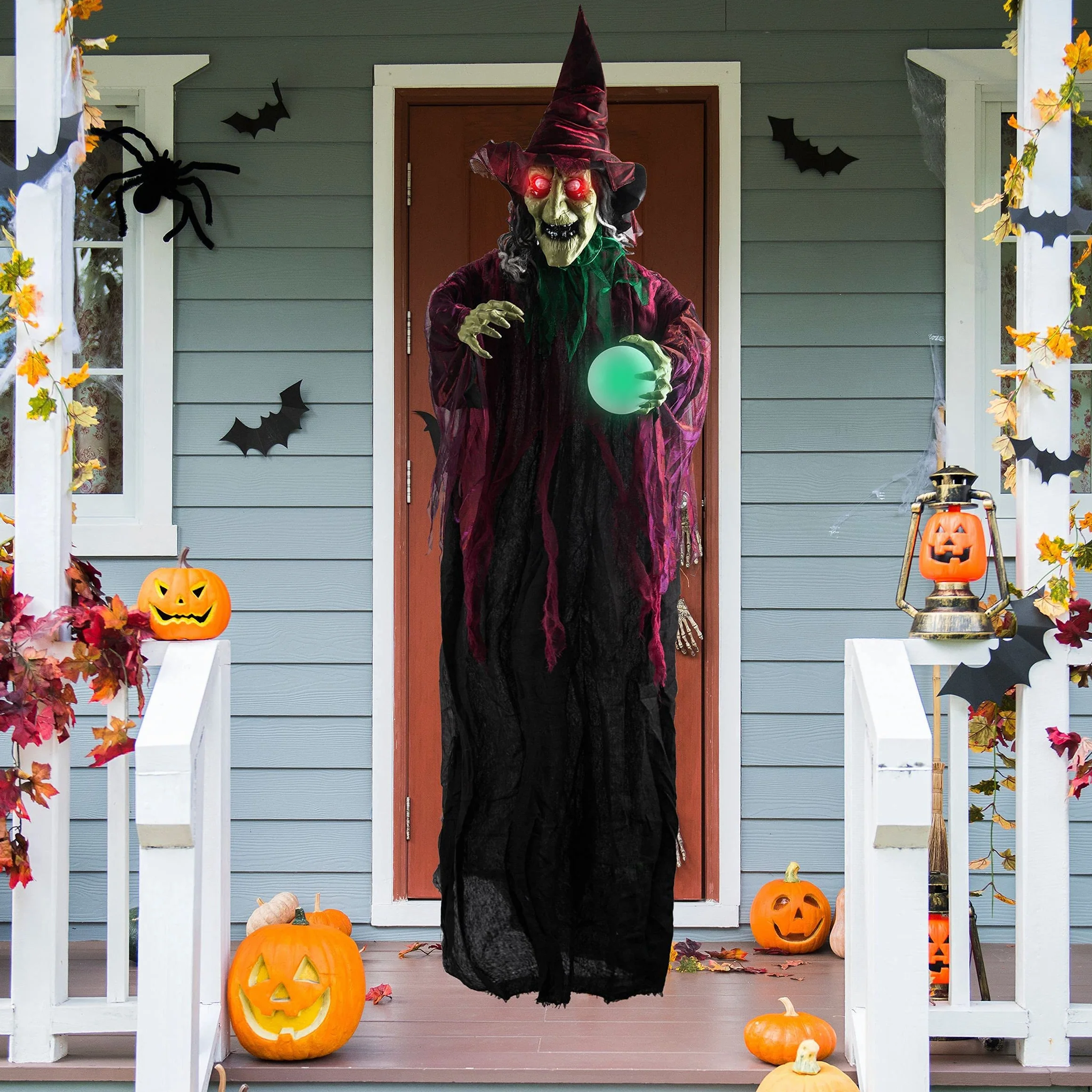 JOYIN Wisząca Dekoracja Czarownicy na Halloween - Animowana Przerażająca Czarownica z Oczami LED i Dźwiękiem, Dekoracja na Zewnątrz, Trawnik, Podwórko, Patio