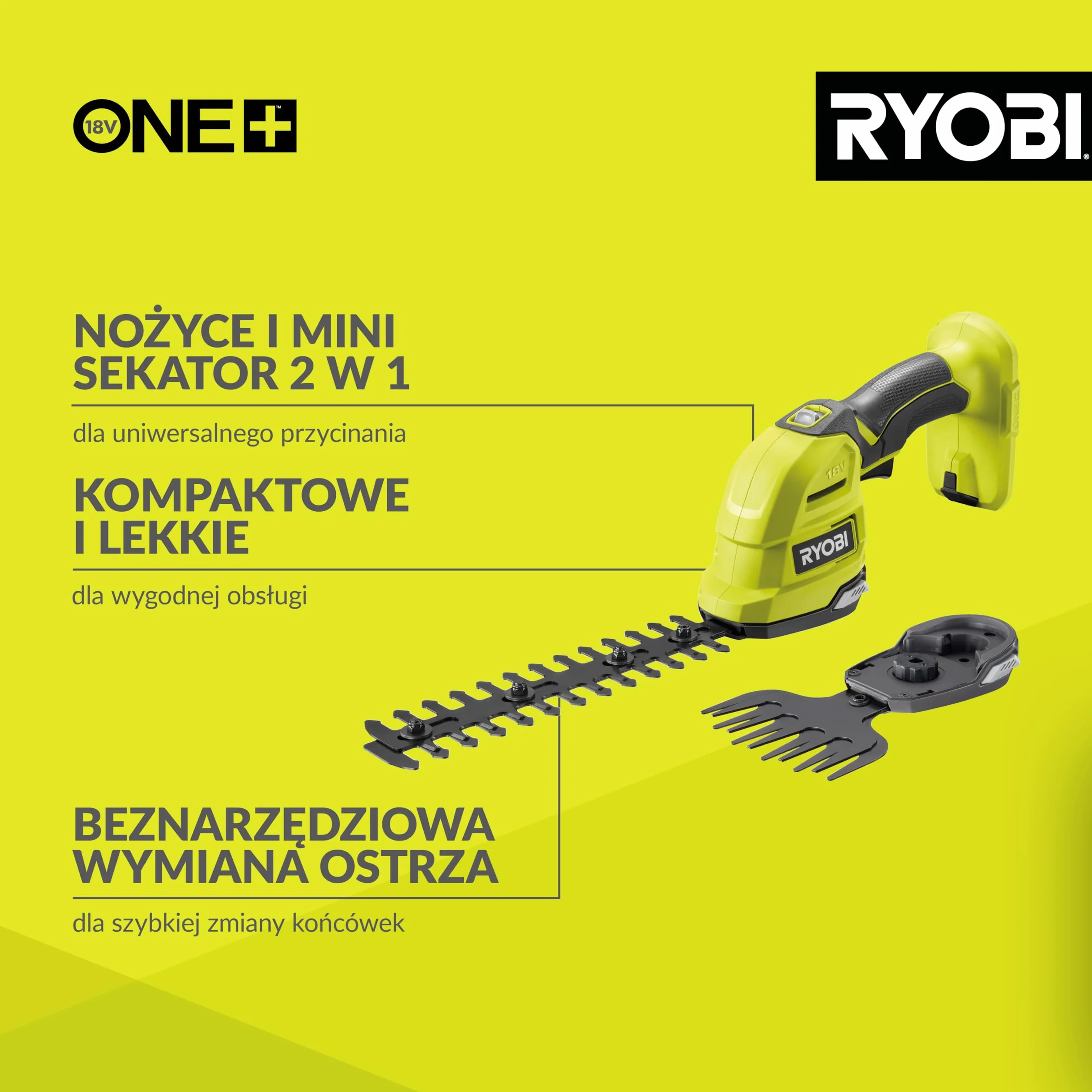 Ryobi Nożyce do Żywopłotu i Trawy 18V, RY18GSA-0, Kompaktowe Nożyce, 2w1, Ostrze do Krzewów 20 cm, Ostrze do Trawy 10 cm, Beznarzędziowa Wymiana Ostrzy, Wersja bez Akumulatora i Ładowarki