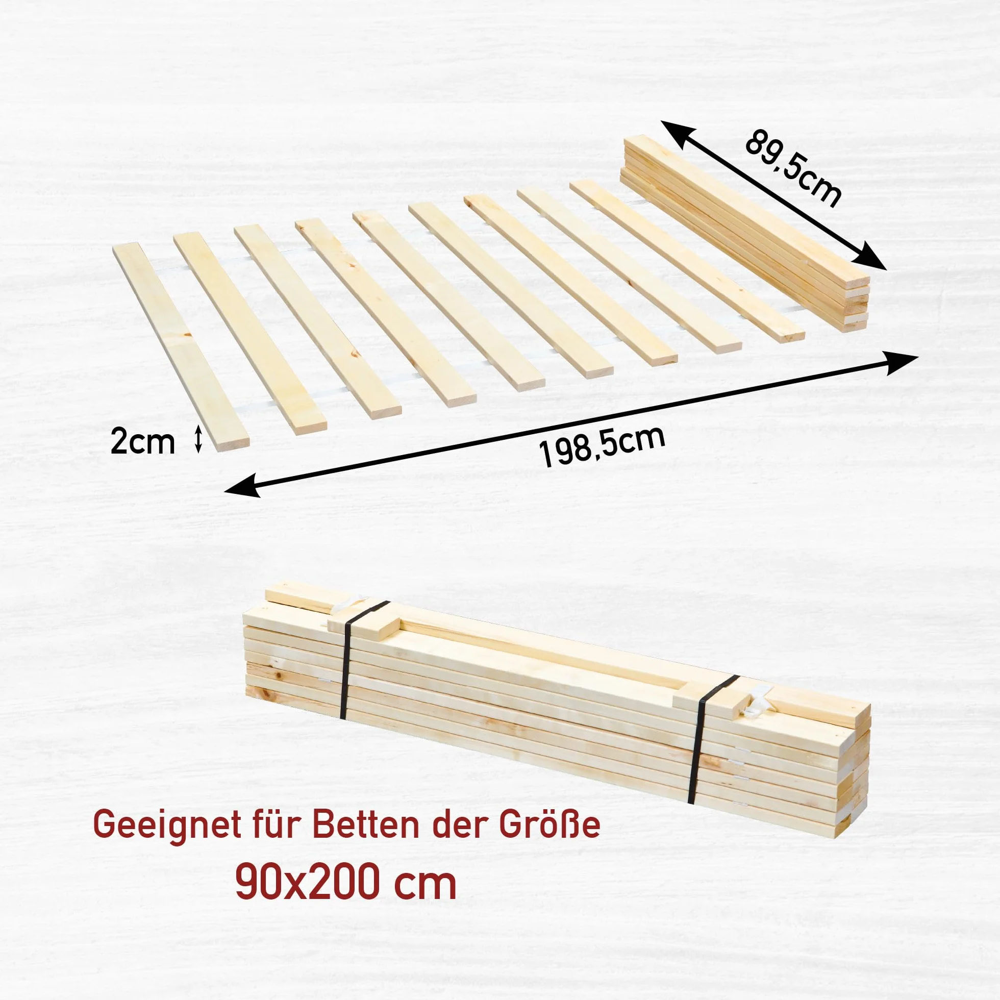Inter Link - Podstawa łóżka z listew 90 x 200 - Podstawa łóżka z listew na rolkach - Listwy do łóżka 1-osobowego - Lite drewno sosnowe - Naturalne - WxDxH : 200x90x2 cm