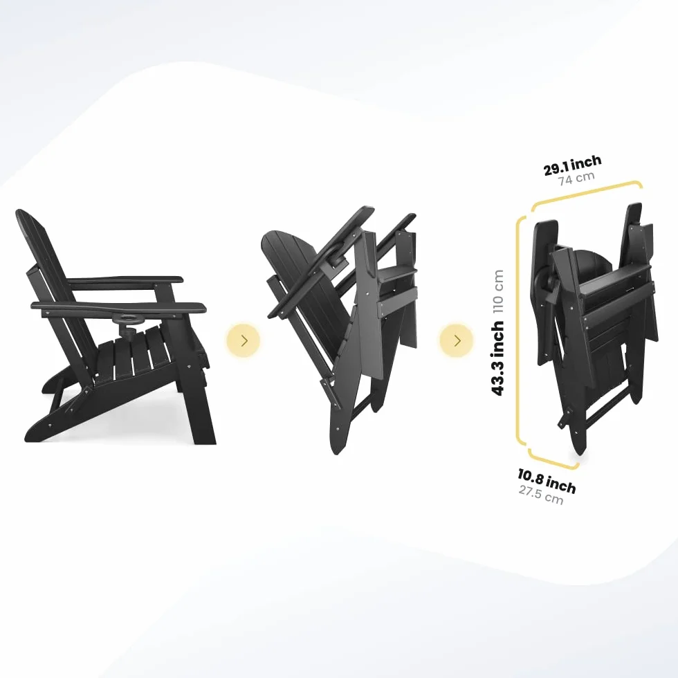Adirondack Folding Chair for Garden, Patio or Deck - Arm Rests and Cup Holder - Lightweight, Weatherproof - Stylish, Durable Outdoor Furniture for Fire Pit, Beach, Poolside, Porch (Black)
