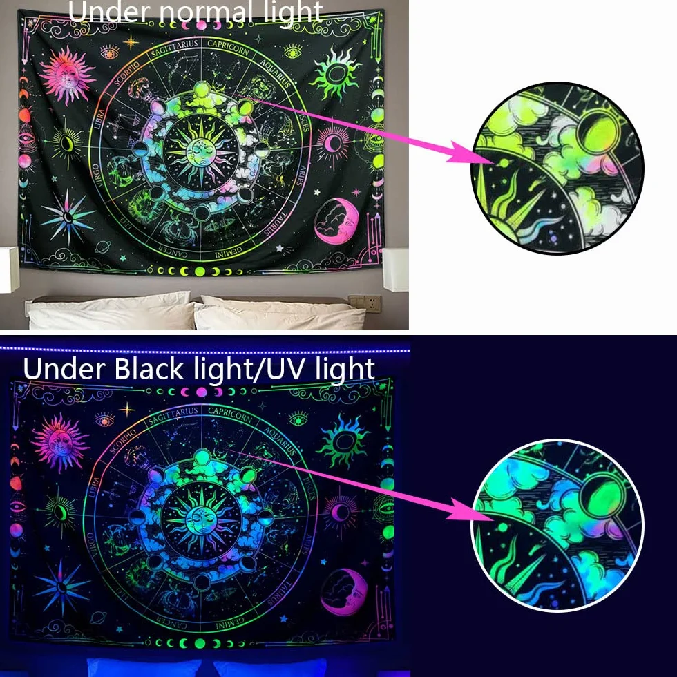 Zodiak astrologia czarne światło gobelin reaktywny UV, konstelacja słońce i księżyc gwiazdy czarne światło sztuka plakat dla mężczyzn pokój dekoracja sypialni, psychodeliczny blask w ciemności koc