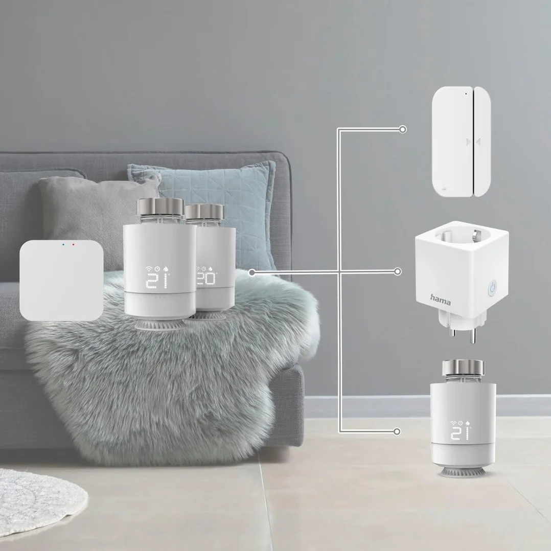 Hama Zestaw 2x Głowica Termostatyczna WIFI SMART + Przekaźnik Mostek Bramka, Sterowanie Ogrzewaniem, Zdalna Kontrola, Głosowe Sterowanie, Oszczędność Energetyczna