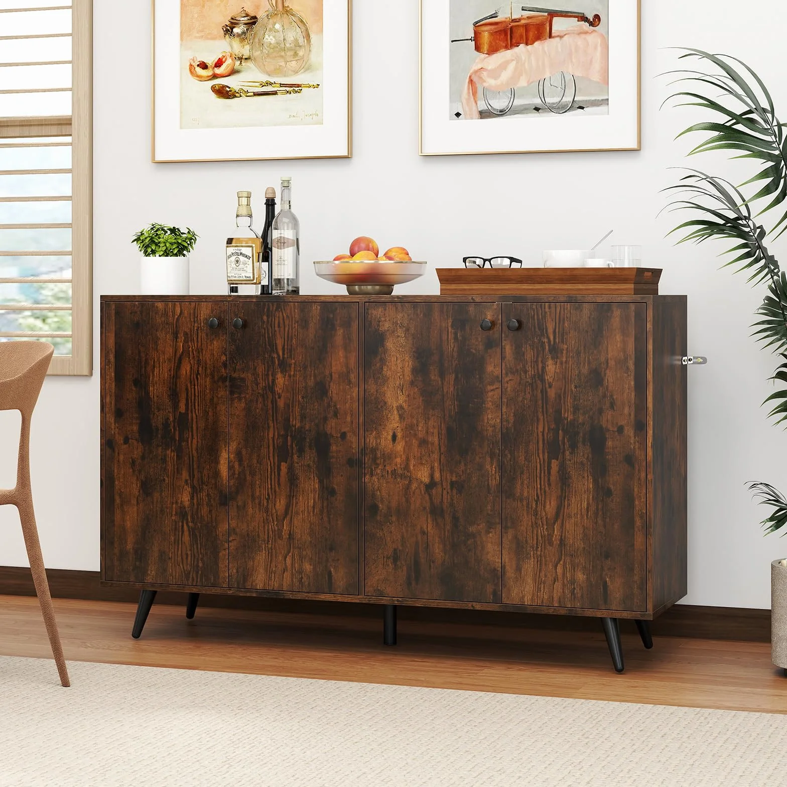 COSTWAY kredens drewniany, komoda z 4 drzwiami i 5-stopniowo regulowanymi półkami, szafka kuchenna, szafka vintage, do salonu, kuchni, jadalni, 127,5 x 38 x 80 cm (brązowy)