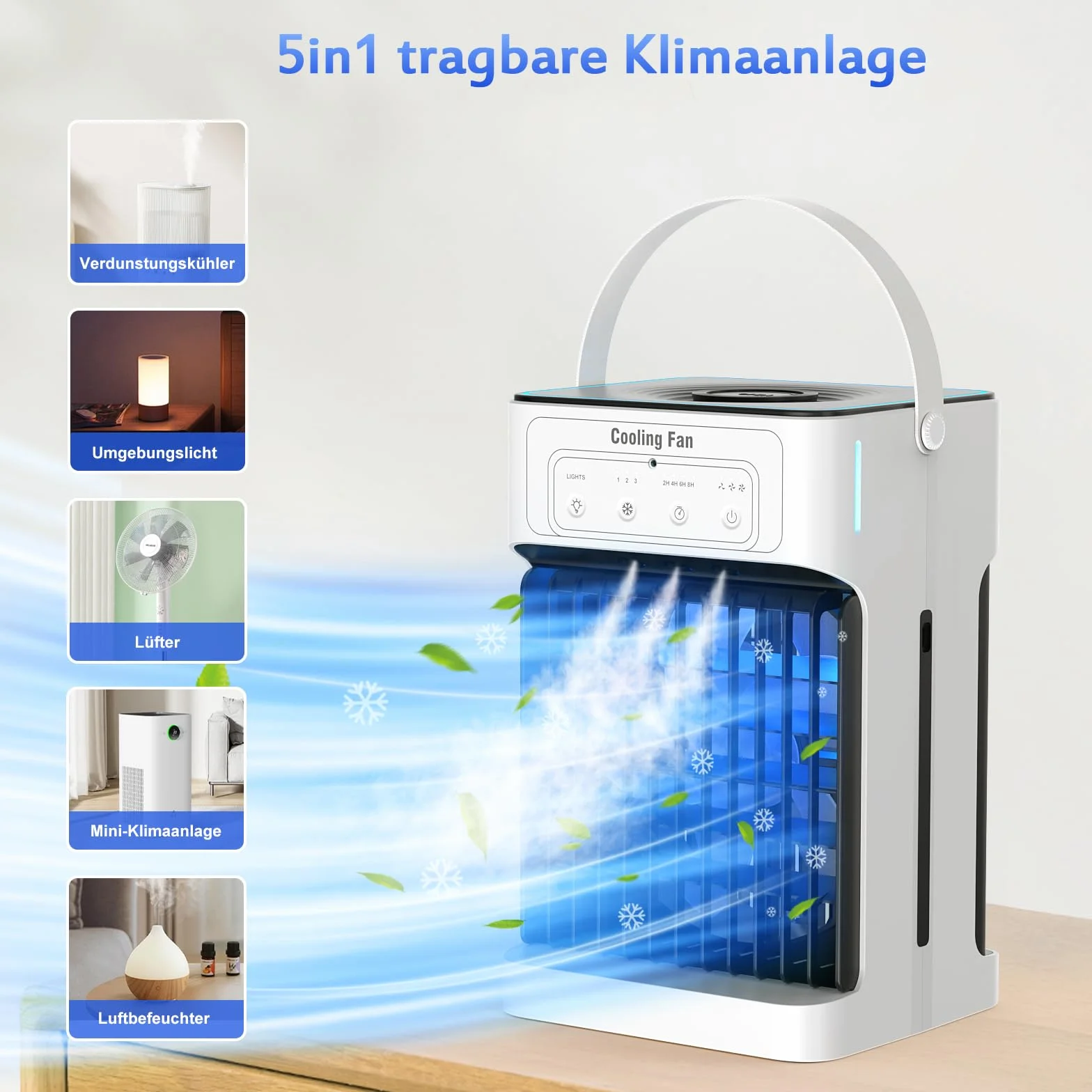 Przenośna klimatyzacja 1100 ml, 3 prędkości, 7 LED, 10W, chłodnica powietrza do sypialni