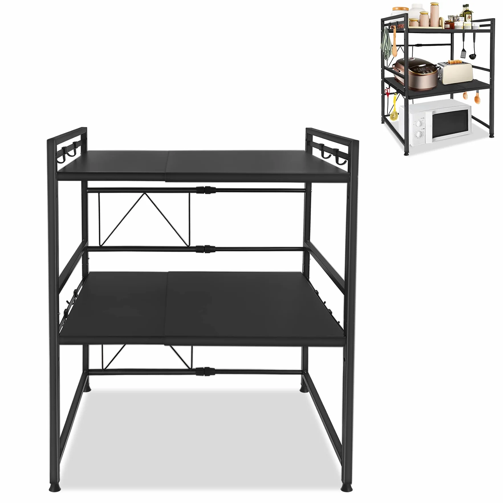 Froadp 3-Poziomowy Regał no Mikrofalówki Wysuwany Stojak do Mikrofalówkę z 8 Haczykami Metalowymi Półka na Pieczywo Organizer Kuchenna Mini Stojak na Piekarniki Regał do Przechowywania (Czarny)