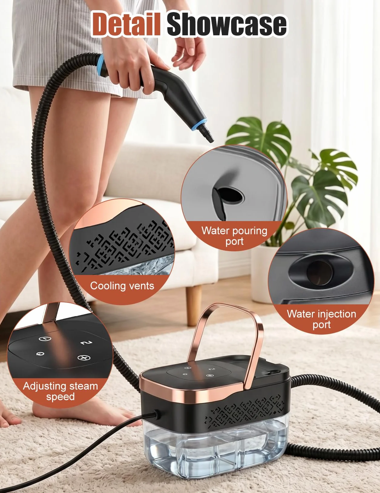 Odkurzacz Parowy, Wielofunkcyjny Ręczny Odkurzacz Parowy o Mocy 2500 W z 6 Regulowanymi Prędkościami i 8 Rodzajami Dysz, Przenośny 1250 ml, Wysokociśnieniowy