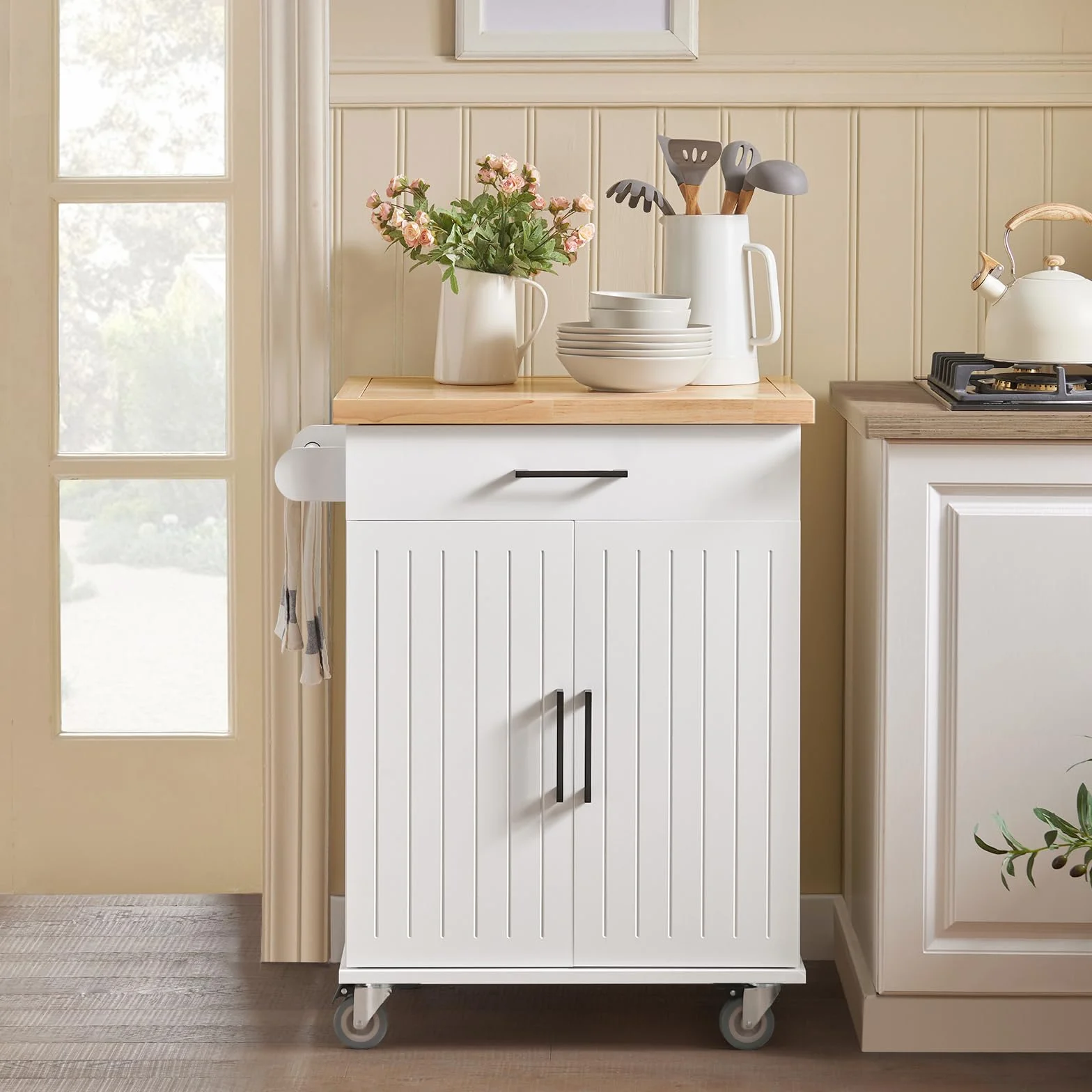 SoBuy Kitchen Island FKW119-WN Wózek kuchenny z drewna kauczukowego na kółkach, wolnostojący, do baru, szafki kuchennej, idealny do kuchni, jadalni lub restauracji, 74 x 91 x 46 cm