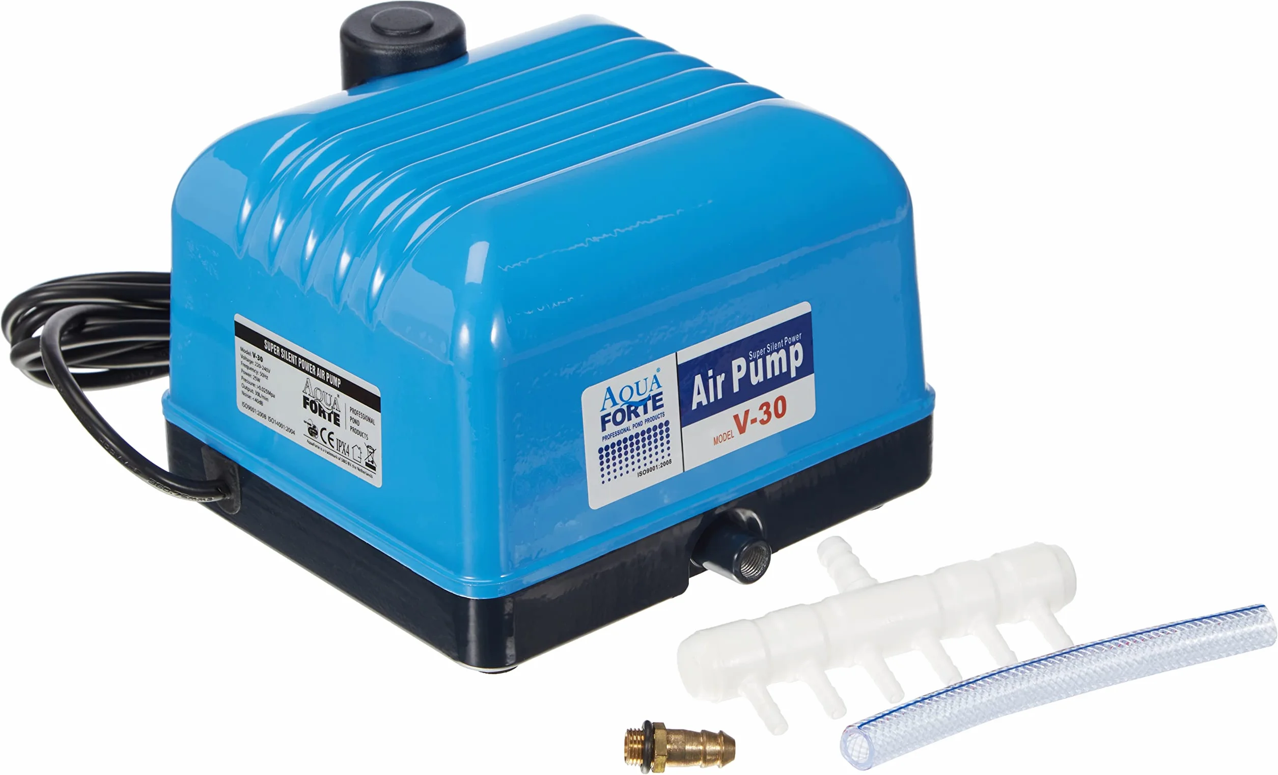 AquaForte Pompa powietrza Hi-Flow V-30, aluminiowa obudowa, cicha i wydajna, moc 25 W, pojemność przy 2 metrach 7 litrów na minutę, maksymalna pojemność stawu 18 m3, bez regulacji