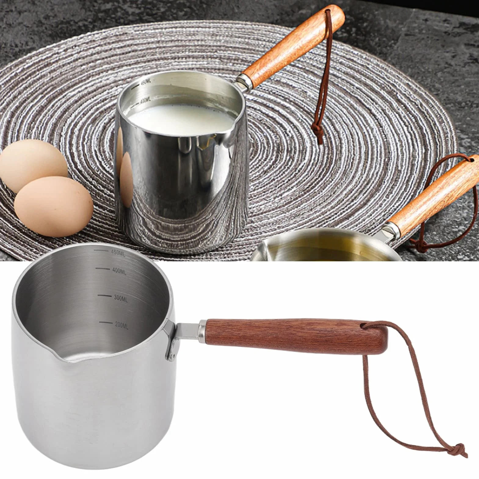 450ML Podgrzewacz do Masła ze Stali Nierdzewnej Mini Maślany Garnek do Kawy i Mleka Mały Rondelek z drewnianą rączką Mini Tygiel do Masła