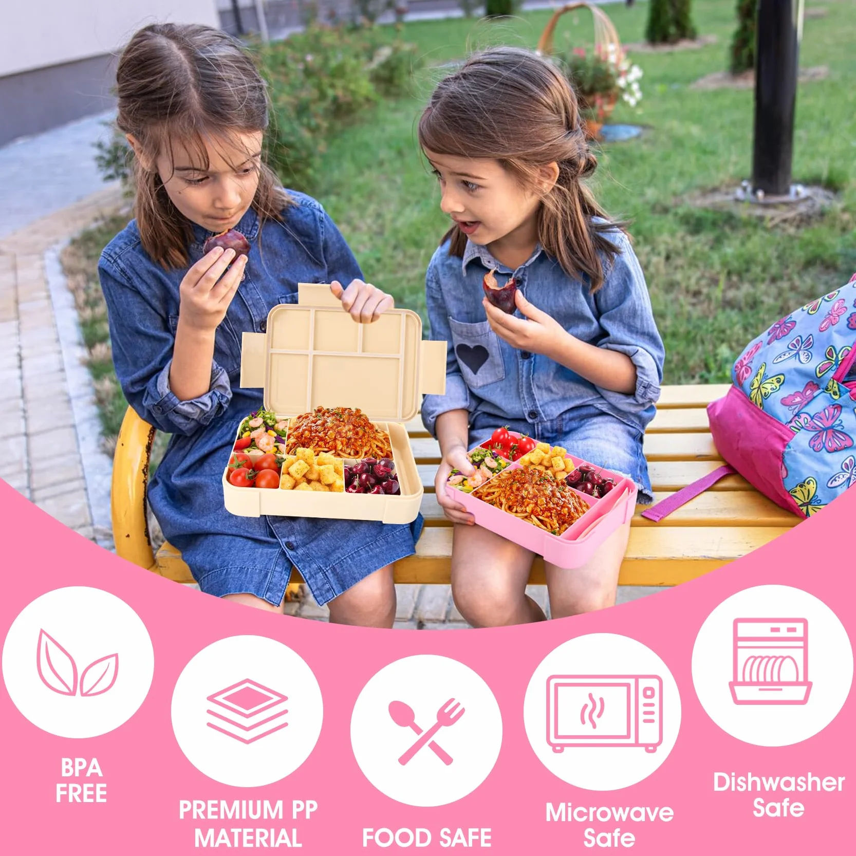 WECUTE Pudełko śniadaniowe dla dzieci, 1330 ml Bento Box Pudełko na lunch dla dzieci i dorosłych z 5 przegródkami i sztućcami Plastikowe pudełko na lunch pudełko na żywność bez BPA, do mikrofalówki