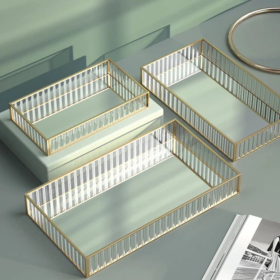 Taca dekoracyjna z lustrem vintage złota prostokątna 30x20x5,5 cm organizer na kosmetyki