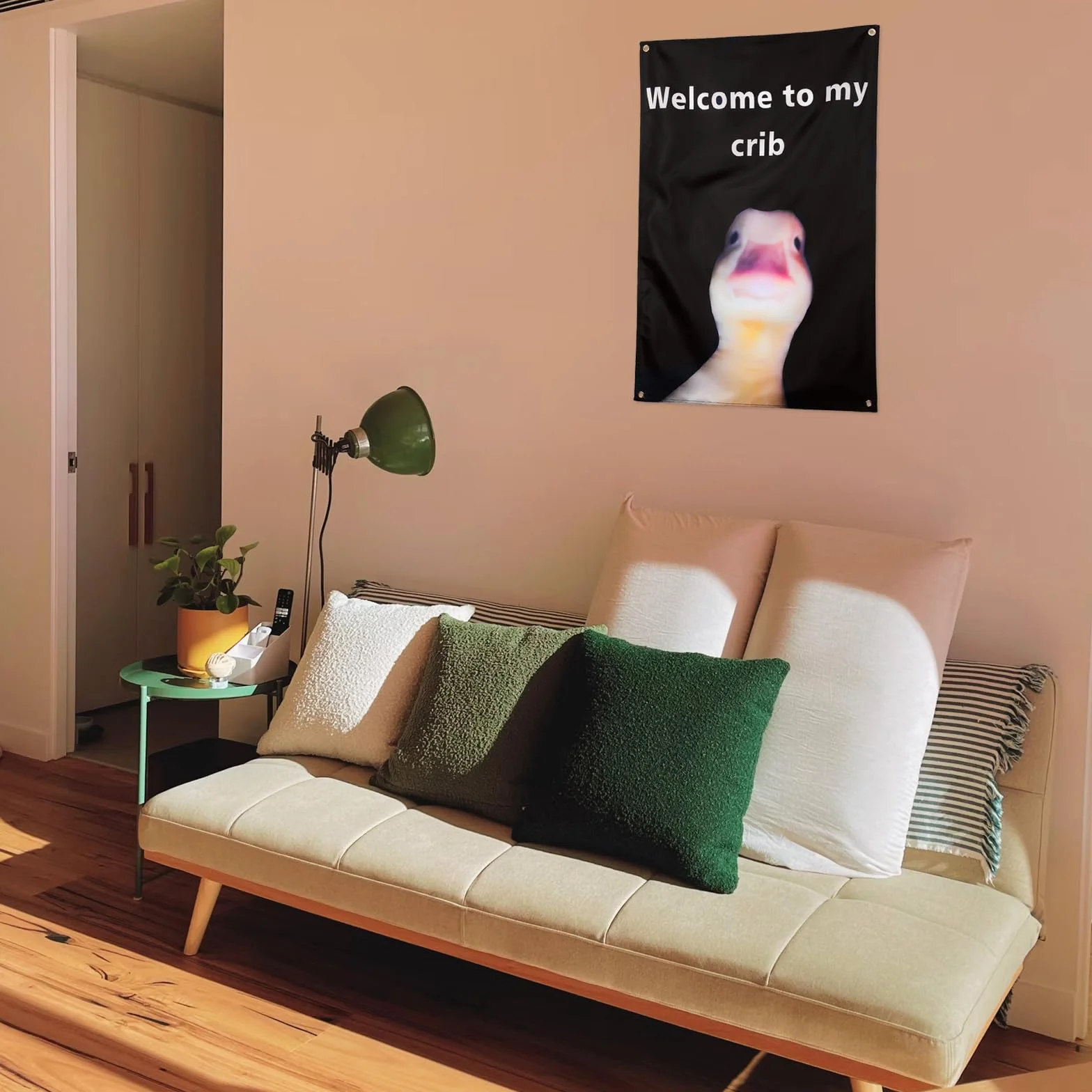 WY LIGHTING LEVEL Zabawna kaczka gobelin wiszące flagi poliester czarny 90 x 60 cm 'Welcome to My Crib Duck Face Backdrop Cute Cave Wall Flags z przelotkami do domu, akademika, na imprezę, ślub