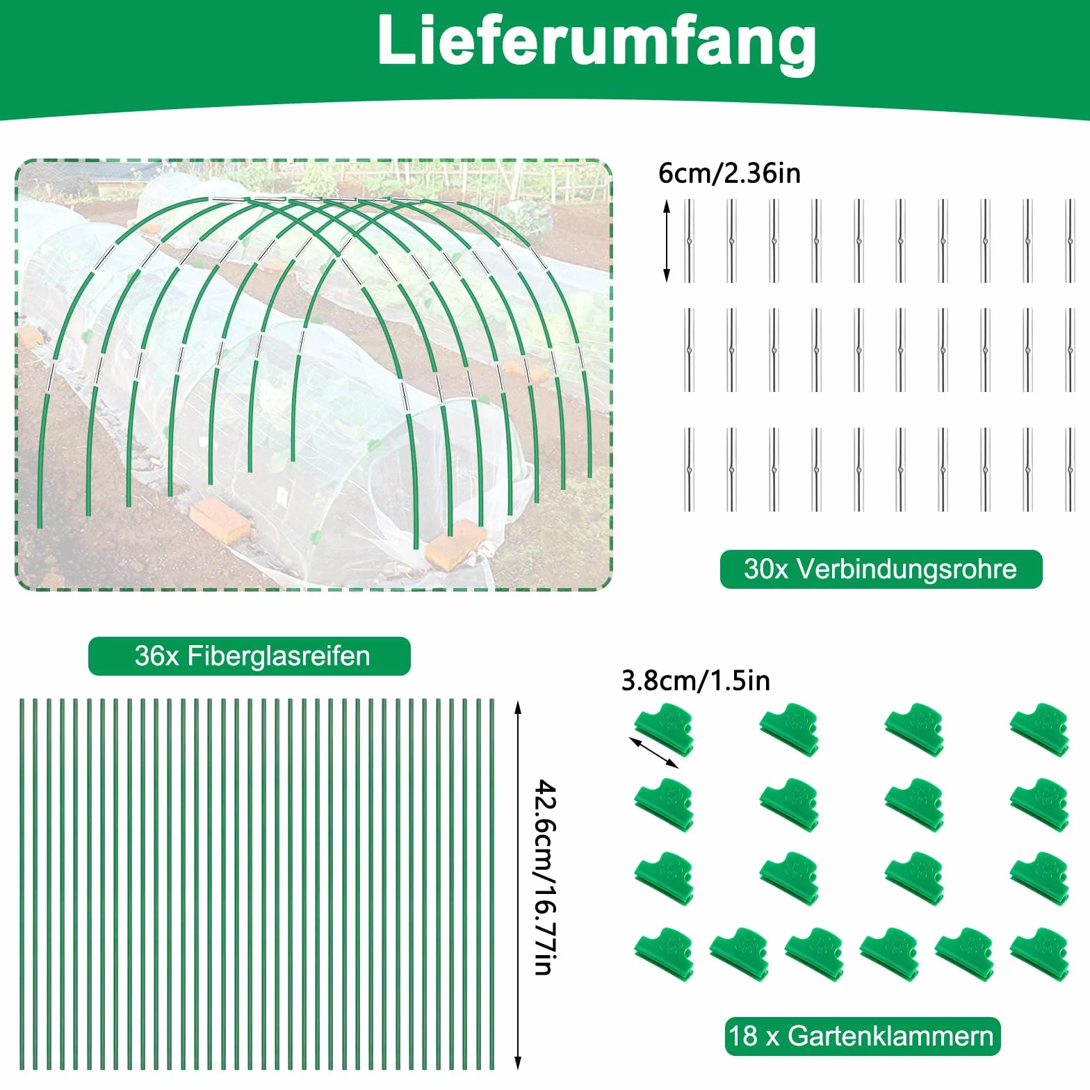 36 sztuk łuków tunelowych do roślin 43 cm, łuki tunelowe do tuneli foliowych, odporne na rdzę, włókno szklane, stabilne, trwałe, bez zginania, opony ogrodowe, do szklarni, do słupków ogrodowych