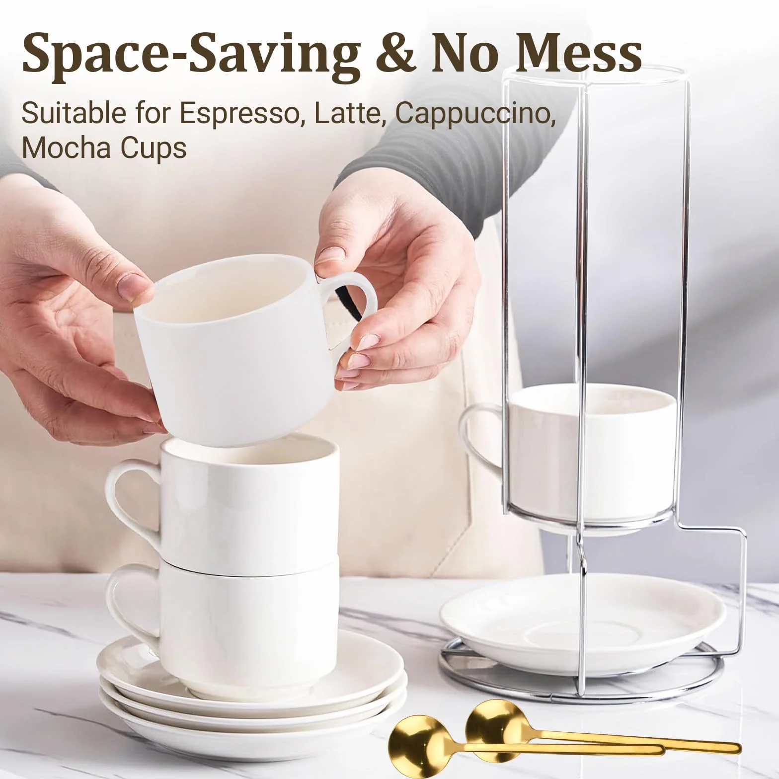 Filiżanki do espresso, zestaw 4 sztuk, 4 x 5oz(160ml), ze spodkiem i podstawką, filiżanki do kawy Espresso Americano, cappuccino, latte i herbaty (z 4 łyżeczkami do kawy)