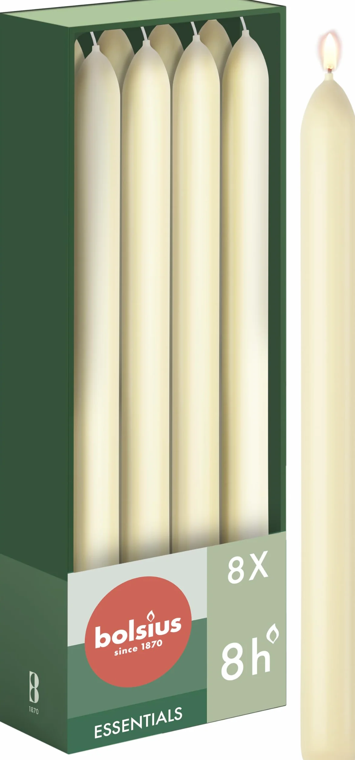 Bolsius Gładkie świece – kość słoniowa – 8 sztuk w kartonie – 24 cm – długość palenia 8 godzin – bezzapachowe – zawierają naturalny wosk roślinny – bez oleju palmowego, 230/20