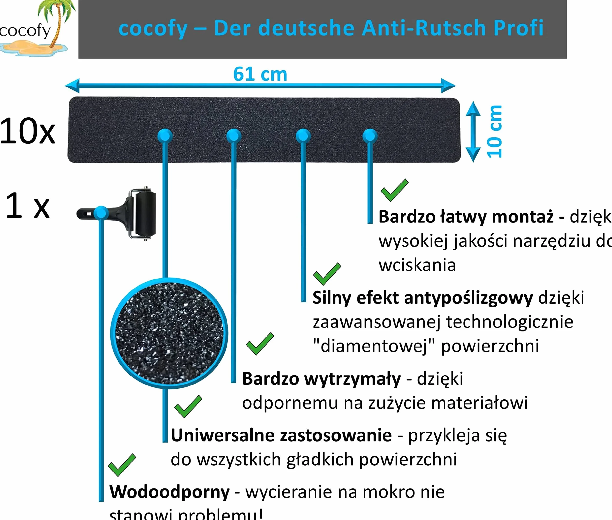Antypoślizgowe naklejki na schody na zewnątrz i wewnątrz | 10 x paski (61 x 10 cm) czarne | mocne trzymanie dzięki specjalnej powierzchni outdoorowej | ochrona przed poślizgiem na schodach | z
