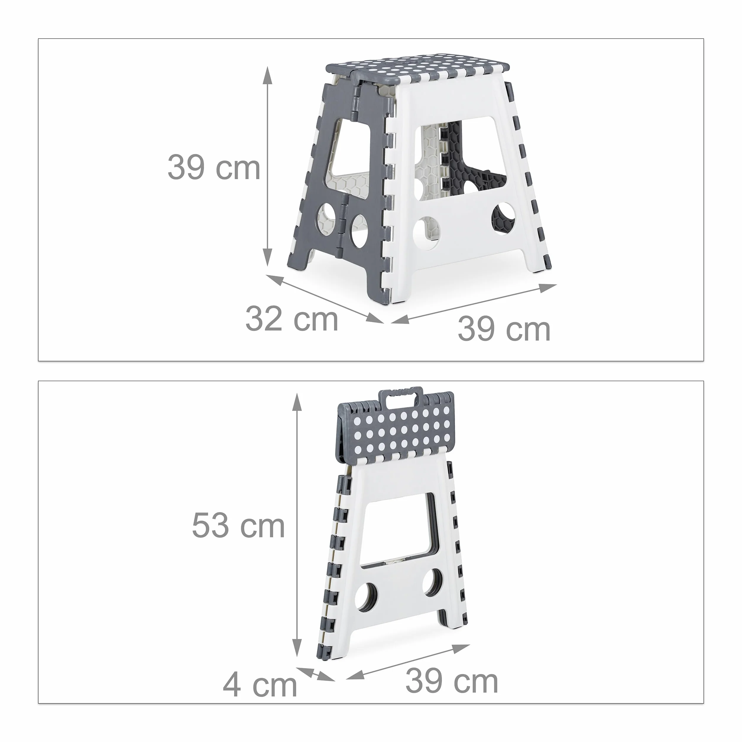 Relaxdays Stołek do wchodzenia XL składany, jednopoziomowy taboret składany z uchwytem, 120 kg, tworzywo sztuczne, 39,5 x 38,5 x 32 cm, szary/biały, 1 sztuka