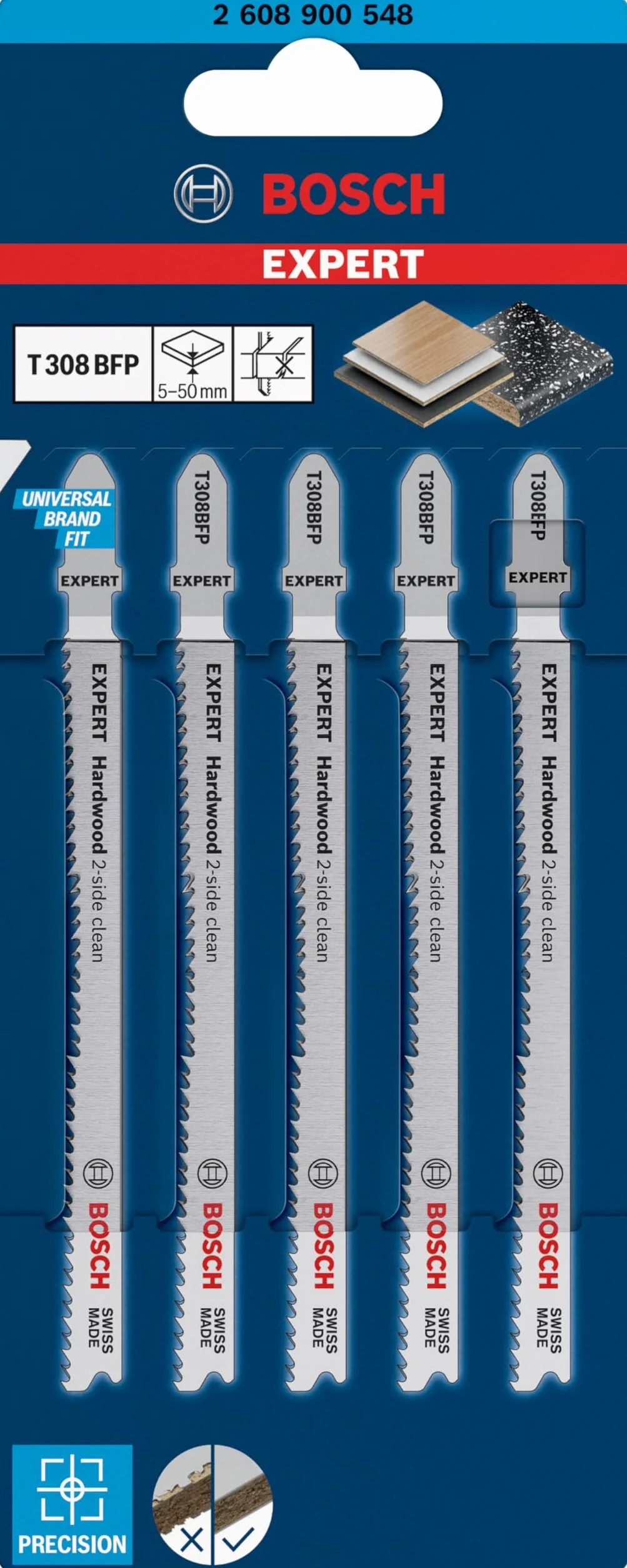 Bosch 5x Brzeszczot do wyrzynarki EXPERT Hardwood 2-side clean T308BFP (do Płyty powlekane tworzywem sztucznym, Blat kuchenny, Długość 117 mm, Professional Akcesoria Wyrzynarka)