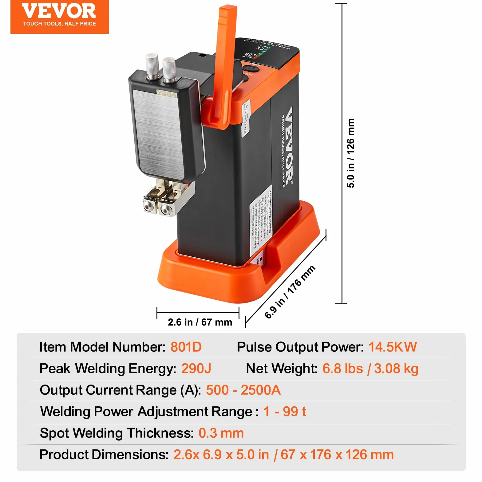 VEVOR Akumulatorowa spawarka punktowa, 14,5 kW, magazynowanie energii kondensatora, spawarka punktowa z trzpieniem spawalniczym 73B, wydajna spawarka punktowa 801D i 2 tryby spawania dla czystego