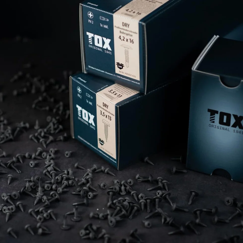 TOX Śruby łączące profilowe DRY PV 3,5 x 13 mm, wkręty czarne fosforanowane z panhead + drobny gwint, do łączenia profili CW lub blach, PH2, 1000 sztuk, w zestawie 1 x bit, 142883213513