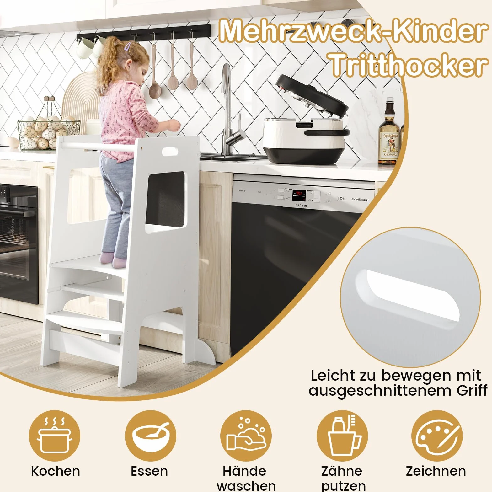 GOPLUS Drewniana wieża edukacyjna dla dzieci, 2 w 1, wieża dziecięca z tablicą do pisania kredą, balustrada bezpieczeństwa, antypoślizgowy i regulowany stopek, pomocnik kuchenny dla dzieci od 1 roku