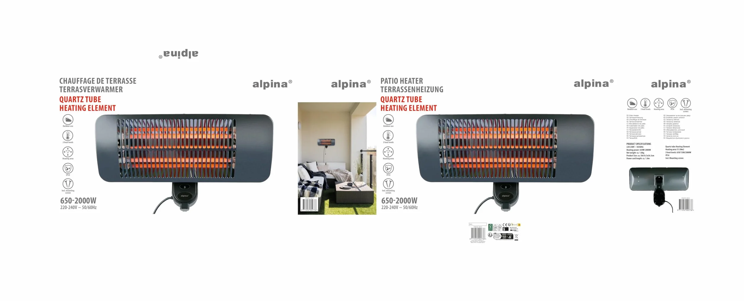 alpina Wiszący promiennik podczerwieni na taras, 2000 W, 3 stopnie ogrzewania, odporny na zachlapanie wodą grzejną, IP34 z lampą na podczerwień, ogrzewanie tarasowe