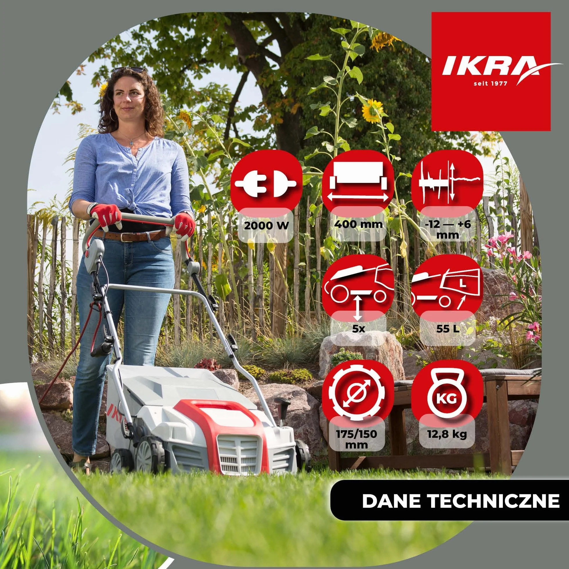 IKRA Aerator i Wertykulator elektryczny IEVL 2000, worek wychwytujący 55 l, szerokość robocza 40 cm, moc 2000 W