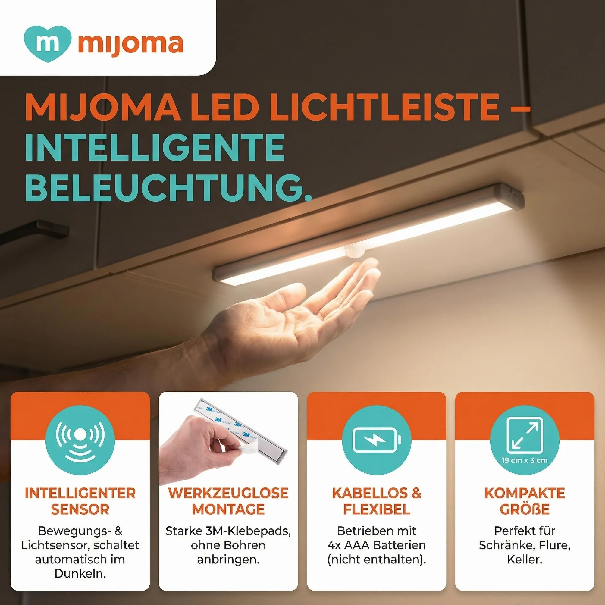 MIJOMA Listwa świetlna LED z czujnikiem ruchu i światła – bezprzewodowa, zasilana bateriami, samoprzylepna, 19 cm – lampka nocna do korytarza, szafy na ubrania, kuchni, piwnicy