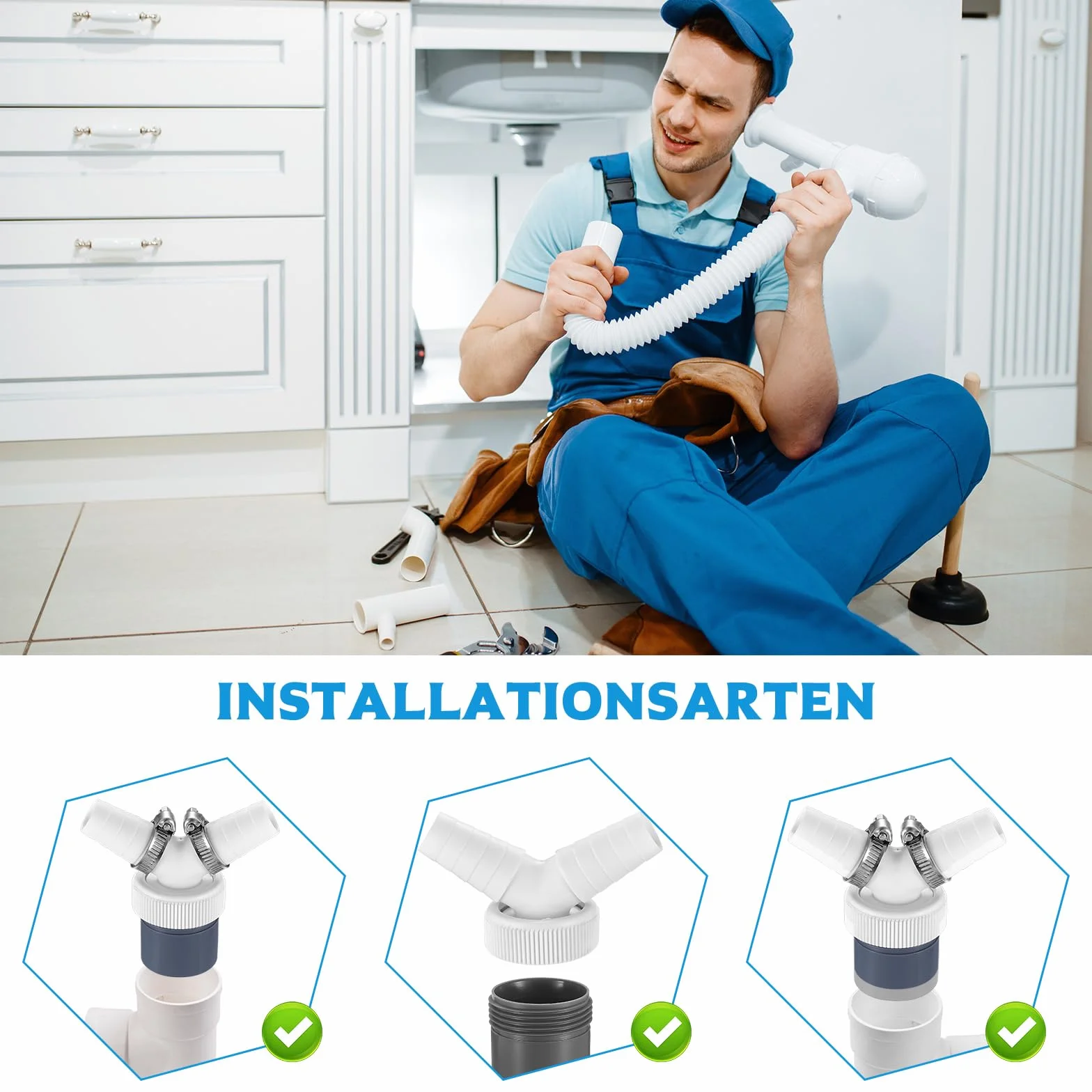 Adapter Odpływu do Pralki i Zmywarki, Podwójne Złącze Y do Węża Ø40 mm i Wejścia Ø18-24 mm, Adapter PVC, Akcesorium Odpływowe