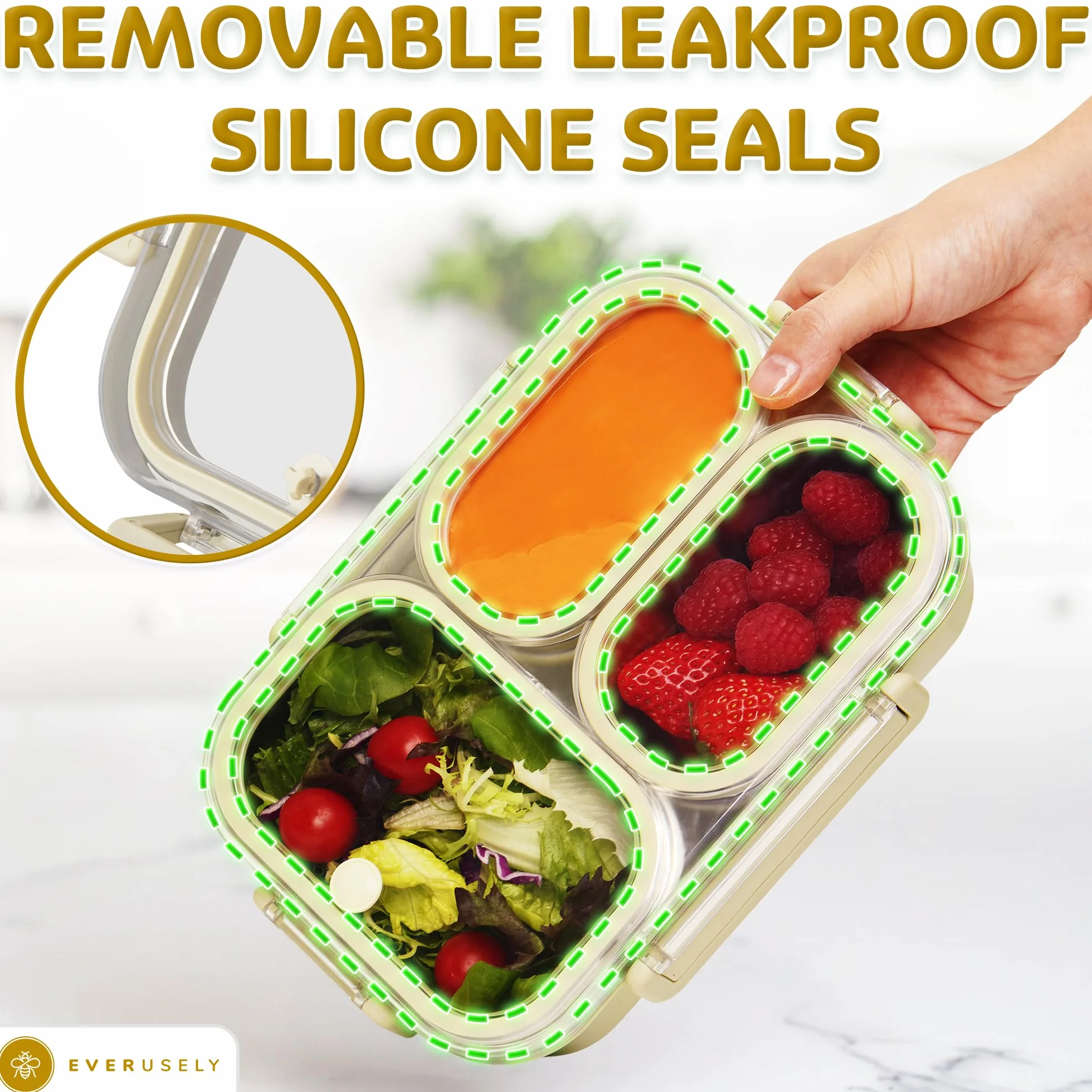 Stainless Steel Bento Lunchbox - 750 mL - Leakproof Metal Lunch Box with 3 Compartments - Premium Sectional Snack Container with Clear Lid - by Everusely