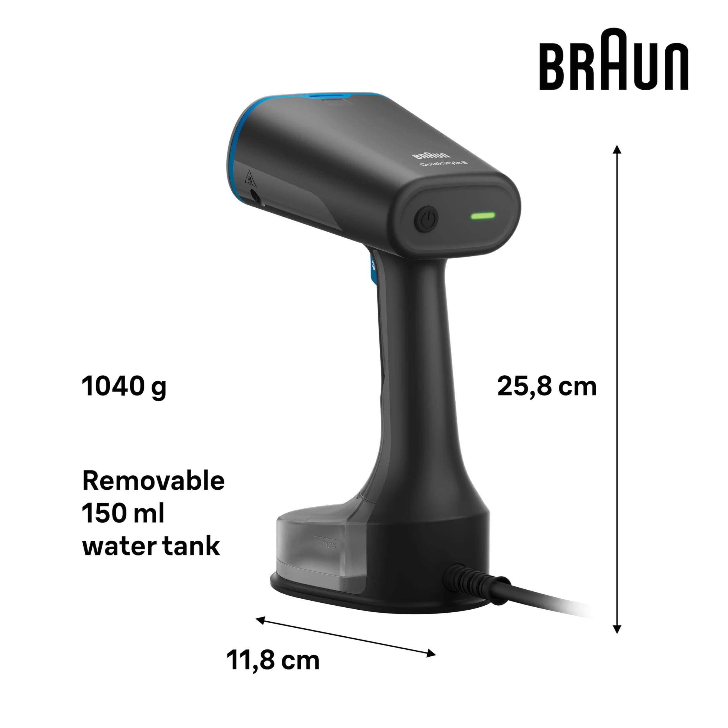 Braun QuickStyle 5 GS5031BL parownica parowa, technologia Dual FreeGlide 3D, technologia FastSteam, para 25 g/min, zbiornik na wodę 150 ml, kabel o długości 2,5 m, gotowy w 45 sekund, 1200 W,