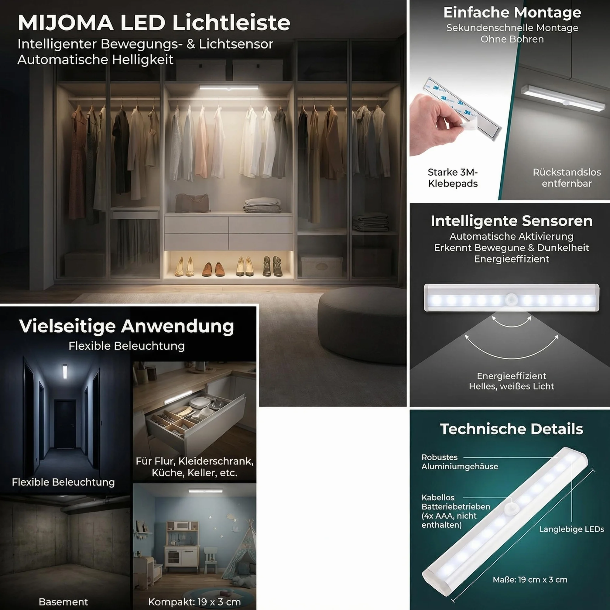 MIJOMA Listwa świetlna LED z czujnikiem ruchu i światła – bezprzewodowa, zasilana bateriami, samoprzylepna, 19 cm – lampka nocna do korytarza, szafy na ubrania, kuchni, piwnicy