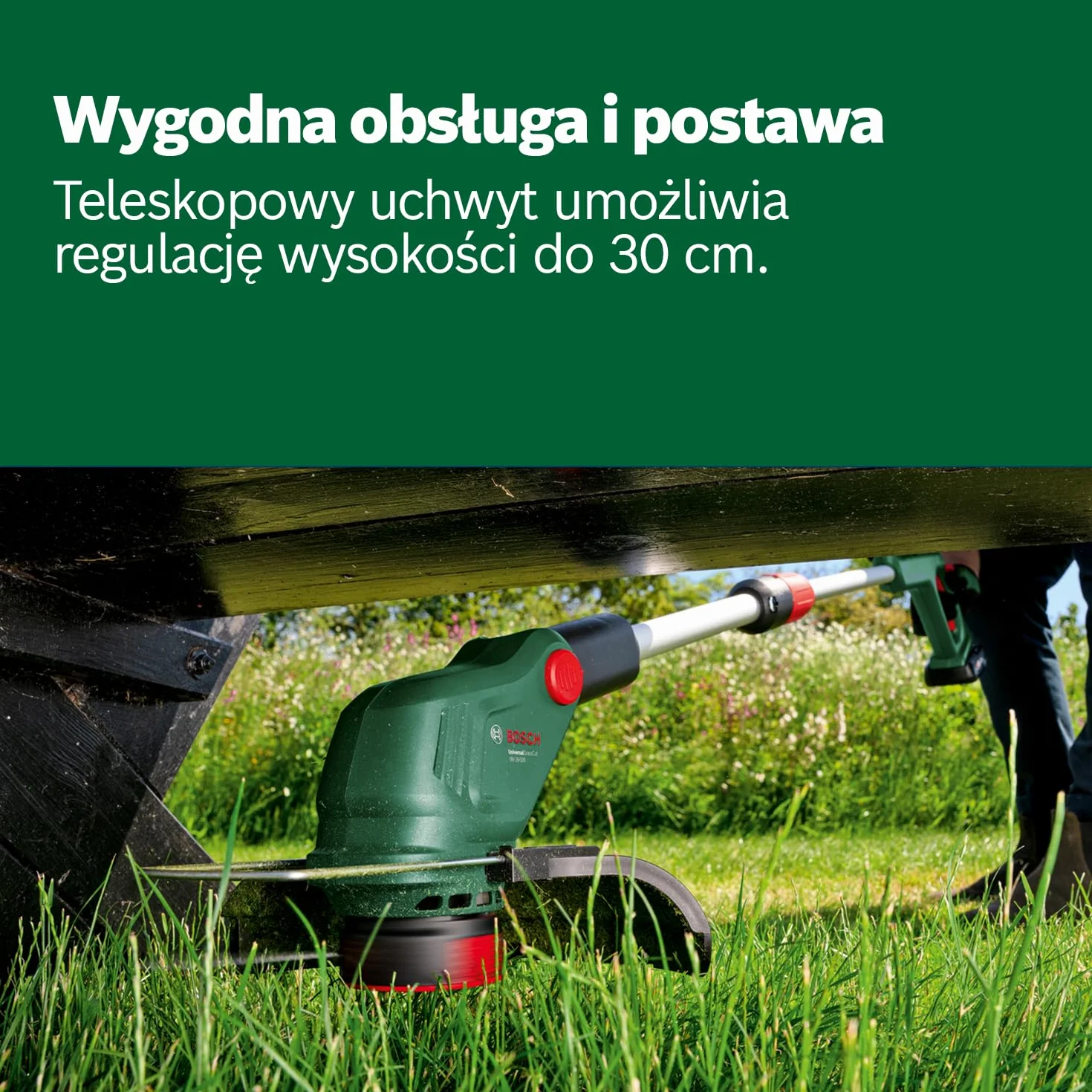 Bosch: akumulatorowa podkaszarka do trawy UniversalGrassCut 18V-26-500 (do podkaszania w poziomie i pionie, czas ładowania: 65 min, średnica cięcia: 26 cm, system 18V, bez akumulatora)