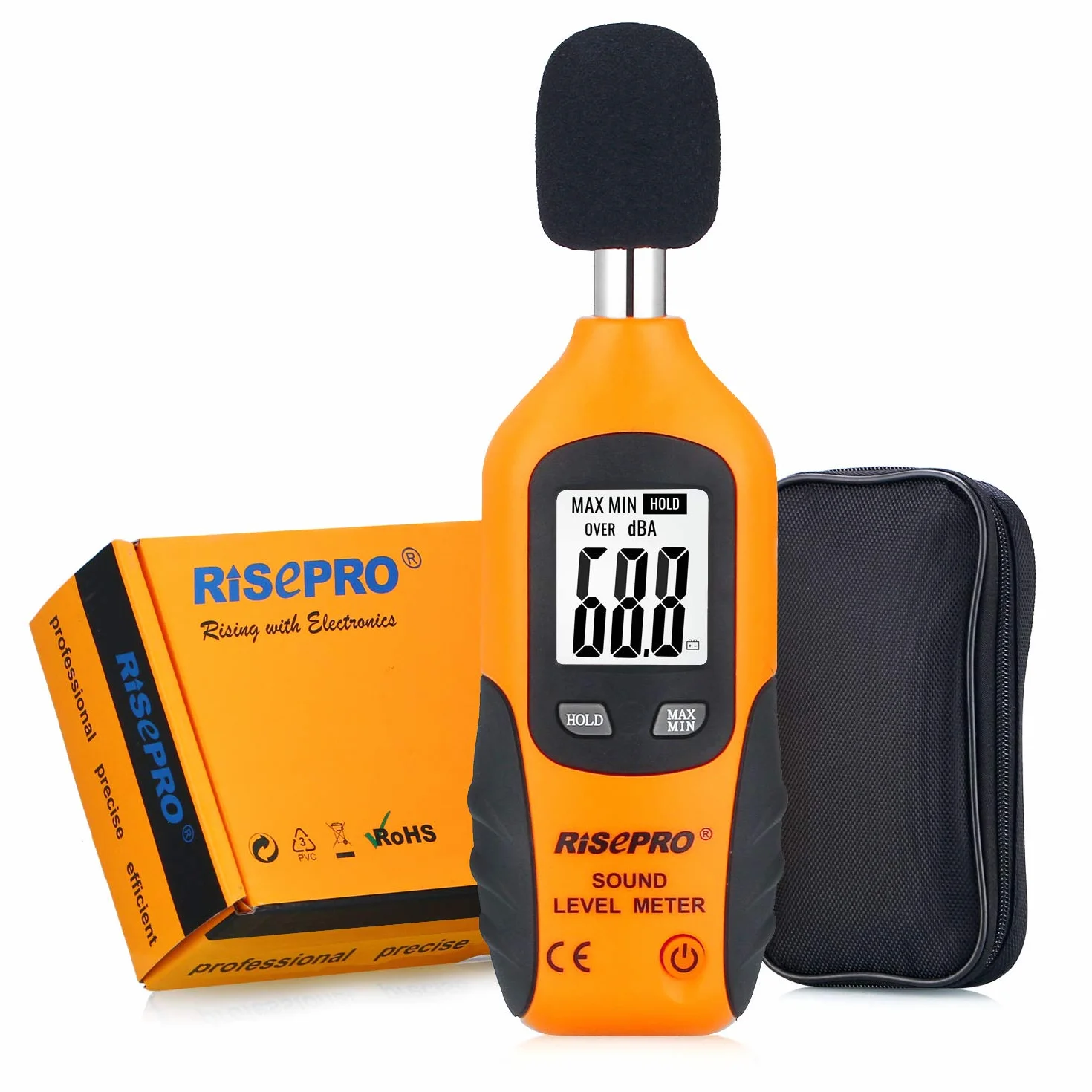 Miernik decybeli, cyfrowy miernik poziomu dźwięku RISEPRO® 30-130 dB, urządzenie do pomiaru szumów, podświetlenie MAX/MIN, automatyczne wyłączanie danych, podwójne zakresy, HT-80A